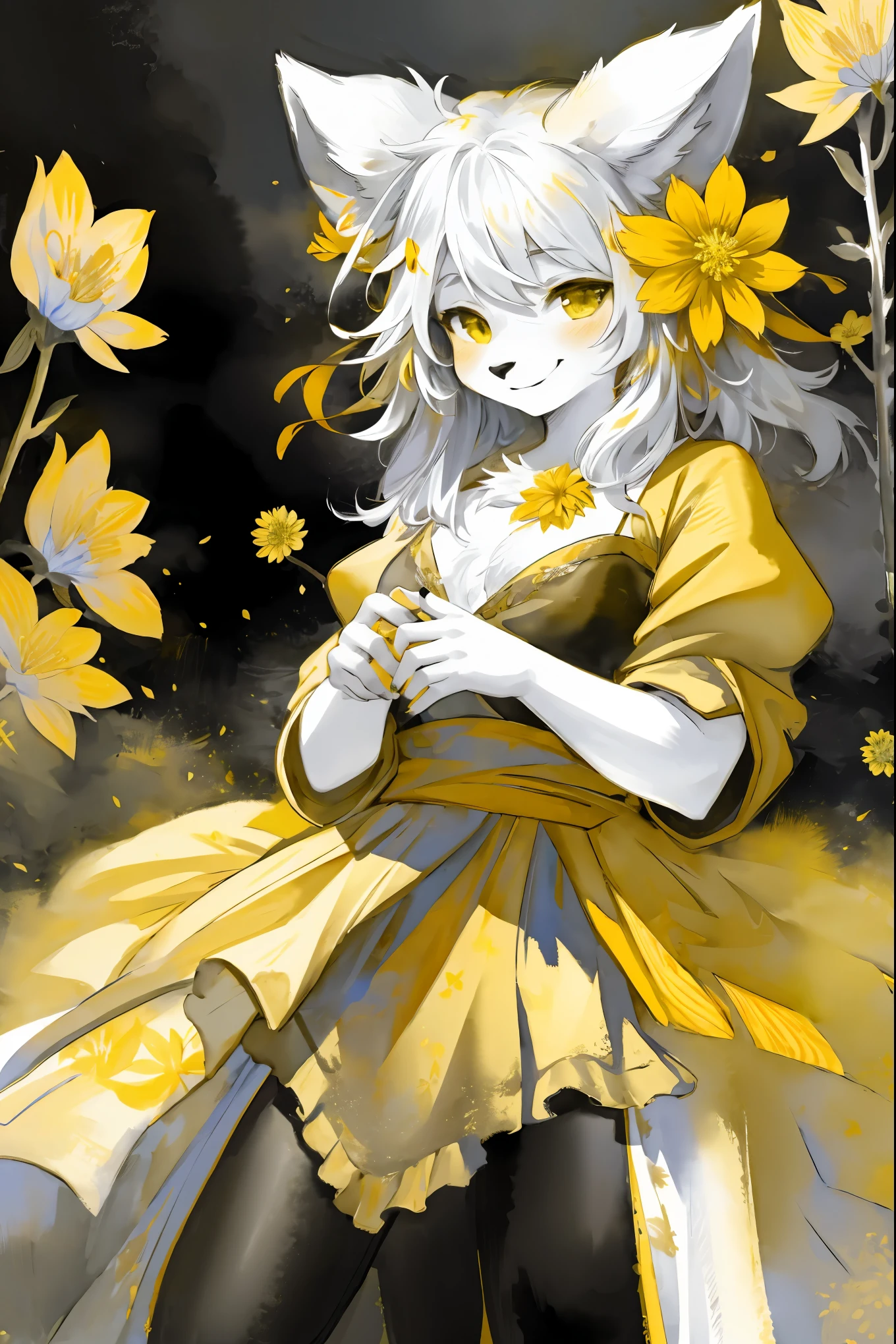 monochrome, watercolor, highres, top quality, best quality, paid reward available, High-quality illustrations, unparalleled masterpiece, perfect artwork, absurdres, 1girl, kemono, furry, detailed body fur, animal face, animal hand, Archaic Smile, holding a cluster of yellow flower in both hands, which are positioned at chest level, She is wearing a simple ring on the ring finger of her left hand, unfocused spread of yellow flower, fan-created work shared on platforms Pixiv or Twitter,