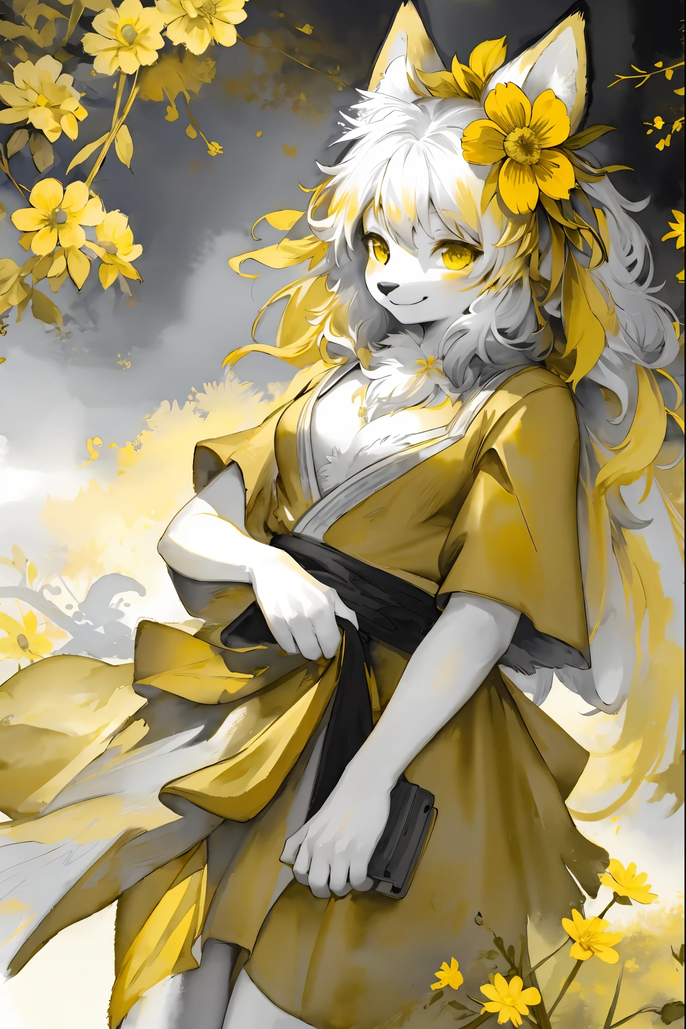 monochrome, watercolor, highres, top quality, best quality, paid reward available, High-quality illustrations, unparalleled masterpiece, perfect artwork, absurdres, 1girl, kemono, furry, detailed body fur, animal face, animal hand, Archaic Smile, holding a cluster of yellow flower in both hands, which are positioned at chest level, She is wearing a simple ring on the ring finger of her left hand, unfocused spread of yellow flower, fan-created work shared on platforms Pixiv or Twitter,