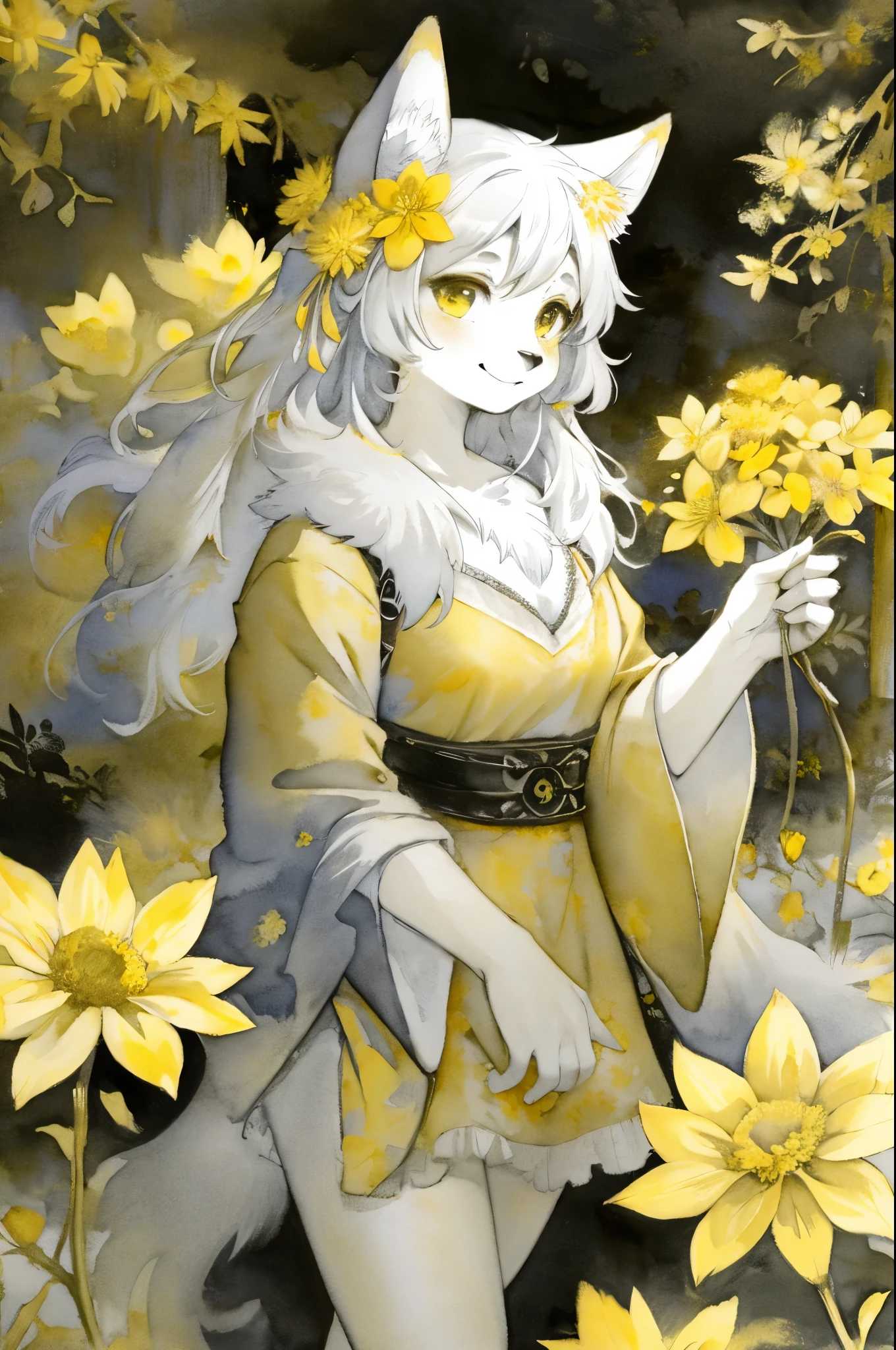 monochrome, watercolor, highres, top quality, best quality, paid reward available, High-quality illustrations, unparalleled masterpiece, perfect artwork, absurdres, 1girl, kemono, furry, detailed body fur, animal face, animal hand, Archaic Smile, holding a cluster of gold flower in both hands, which are positioned at chest level, She is wearing a simple ring on the ring finger of her left hand, unfocused spread of gold flower, fan-created work shared on platforms Pixiv or Twitter,
