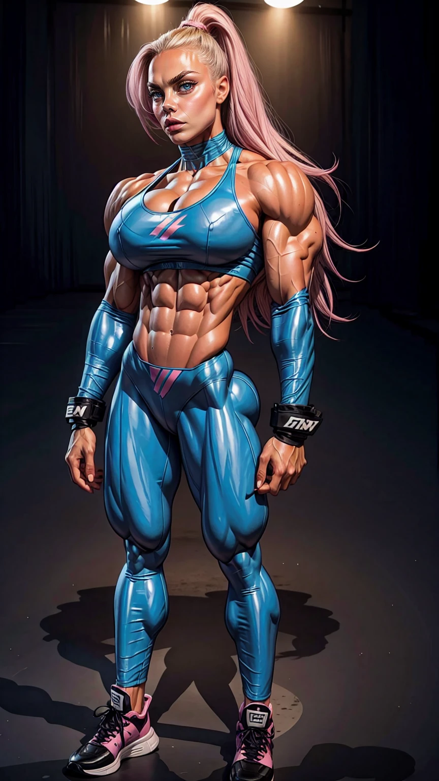 (1 girl), (cara delevingne), young girl, masculine physique, seductive face, seductive look, long pink hair, perfect muscular body, super skinny legs, latex pants, sissy, femboy, (huge muscular arms:1.45),