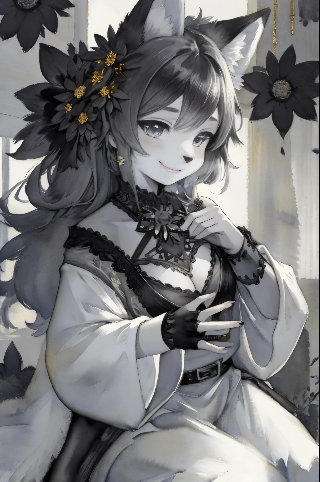 Highest quality, (Background details), High Contrast, Great beauty, Detailed original illustrations, Sensual, Delicate face, Charm, sexy, Real breasts, Small breasts, Crazy Smile, Crazy Eyes, attention arousal, White Background, (White Background: 1. 5), Beautiful line art, Monochrome
