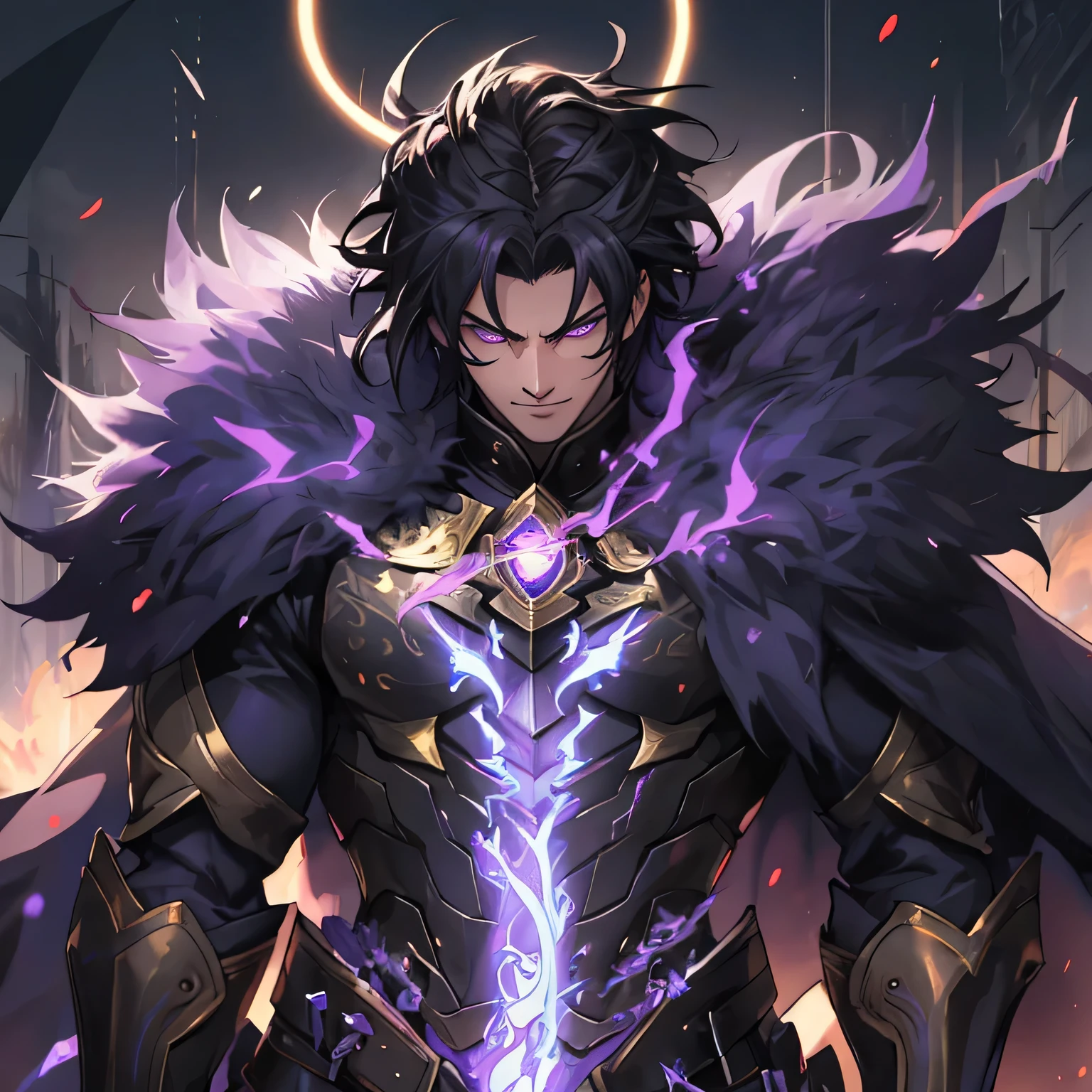 A fearsome anime male with a handsome appearance. He has a fearsome stare, which accentuates his captivating and intense purple light eyes. His striking black hair contrasts beautifully with his fiery purple eyes. He is adorned in a luxurious fur coat, which adds a touch of elegance and prestige to his appearance. His armor is dark and purple, exuding a sense of power and mystique. The armor itself is intricately designed, akin to a knight's godly armor. The image should showcase the character in the highest quality, with details so sharp and precise that it's almost lifelike. The resolution should be 4k or even ultra HD, allowing every nuance of the artwork to shine. The overall aesthetic should be realistic, with vibrant colors and an emphasis on capturing the character's essence. The scene should be illuminated with a magnificent purple light, casting a dreamlike and ethereal atmosphere.