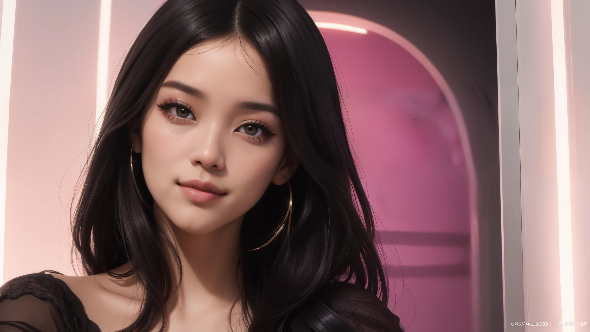 Jisoo do Blackpink: Jisoo has a charming and captivating appearance. Ela tem muito tempo, Cabelo escuro, which is often styled in an elegant and sophisticated way. Your eyes are big and expressive, with naturally bulky eyelashes. Jisoo tem uma tez clara e radiante, with soft and delicate characteristics. Her smile is adorable and she has well-shaped lips. She is known for her classic and graceful beauty, (ela tem um decote impressionante muito aberto, seus seios saltam pra fora do decote, seios grandes e perfeitos mamilos largos e escuros). Uma garota, Sozinho, deitada sensualizando , fazendo poses, colorida, ciberpunk, CIDADE, sinal de paz, brincos, Neon, beautiful lighting, reflexo roxo, cap, Foco no personagem, seios longos pra fora da roupa, langerir sexy, nua.