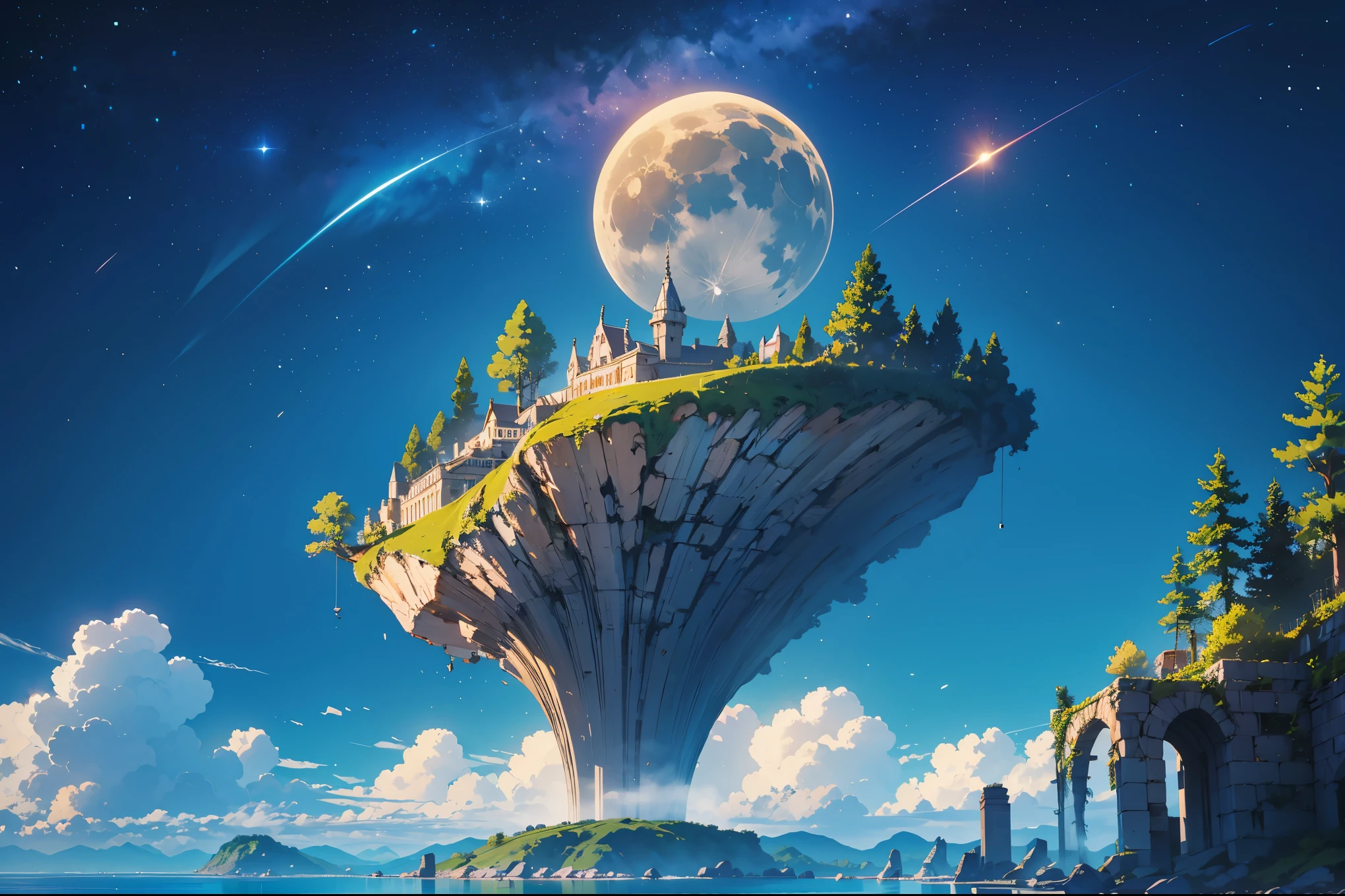 A beautiful floating island in the sky, waterfalls:1.4, a single tree, daytime, stars clouds, moon, gravestone. An enormous chain attached to the island