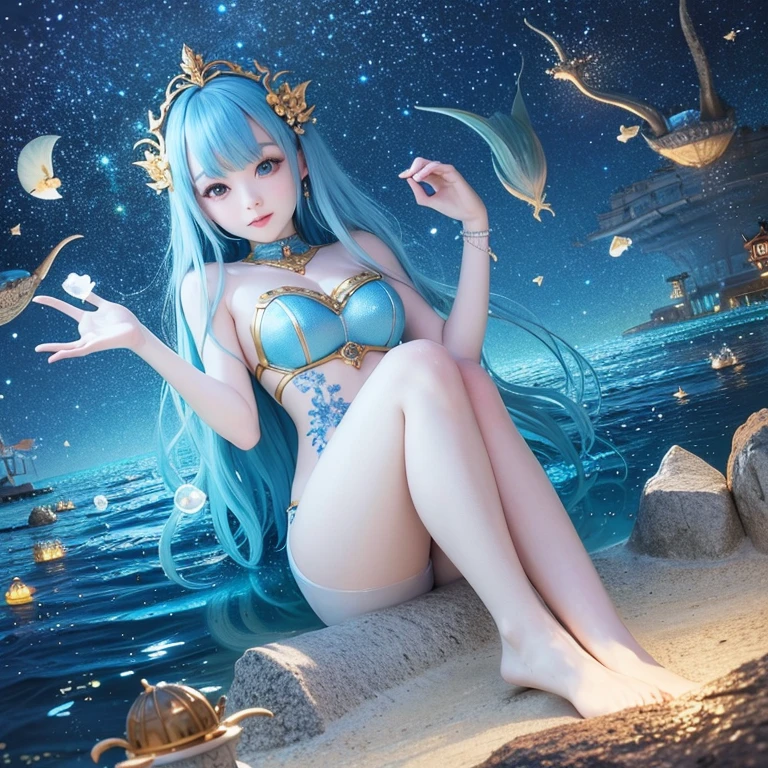 The bottom of the sea is full of light、This scene is a symbol of the country ruled by the mermaid queen「Dragon Palace」castle town。water bubbles、Shimmering Heaven、In the sea、ultra res、A masterpiece among masterpieces、watercolour、Pale colorarine Snow、
