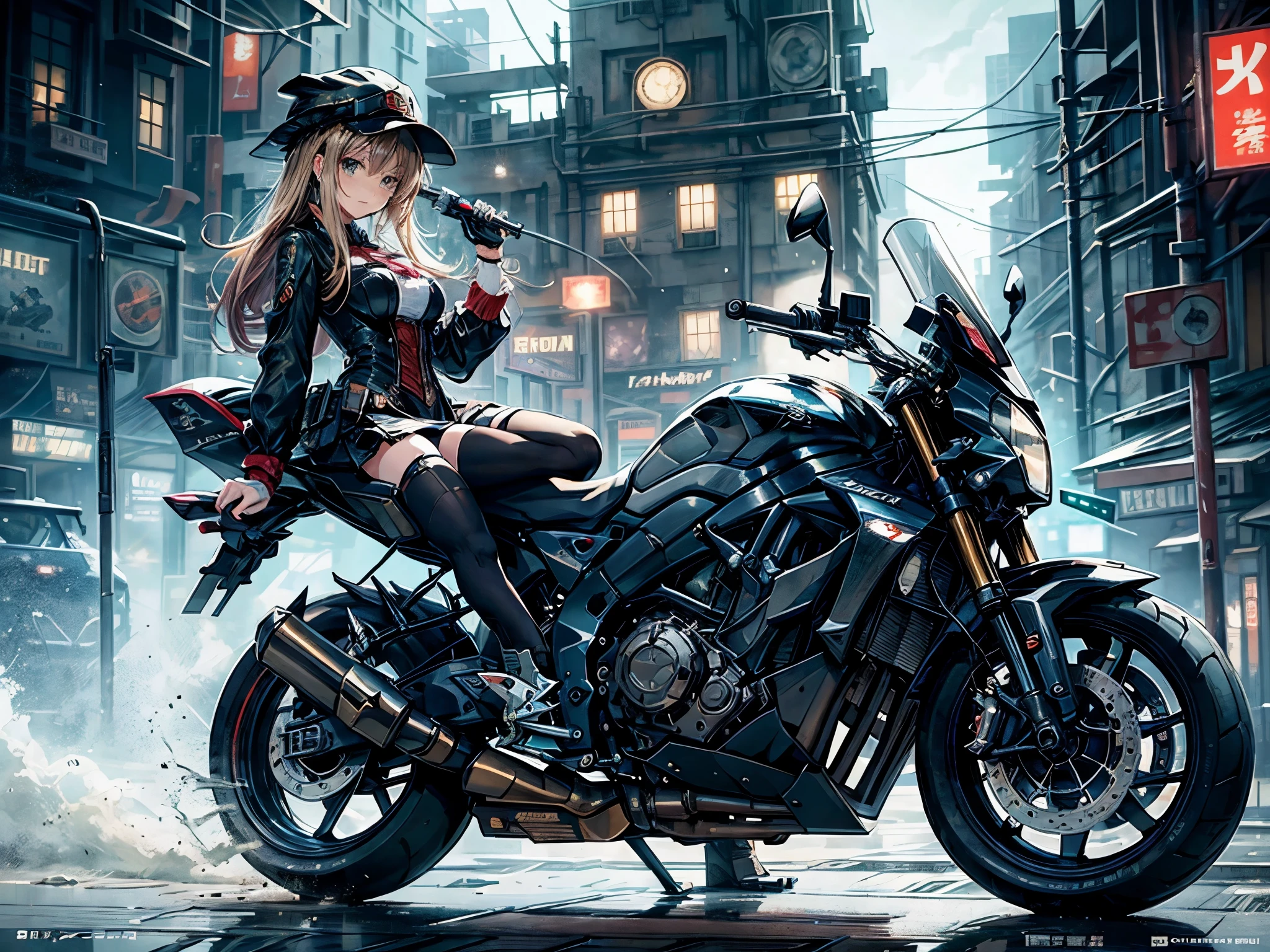 (comic book style),(line drawing_anime),(cowboy shot, highest quality, ),(Laura Budd Photo:1.2),(Laura Add Details:1.0),8k, flat color:0.8,(1 girl,smile 1.5)、(1 astride a steampunk-style motorcycle.5)、(Classic style motorcycle 1.5)、(Highly decorative and complex mechanical steampunk fashion, lace flare dolphin hat、goggles 1.5、machinery background、Gear background、Complex mechanized steampunk cityscape 1.5),