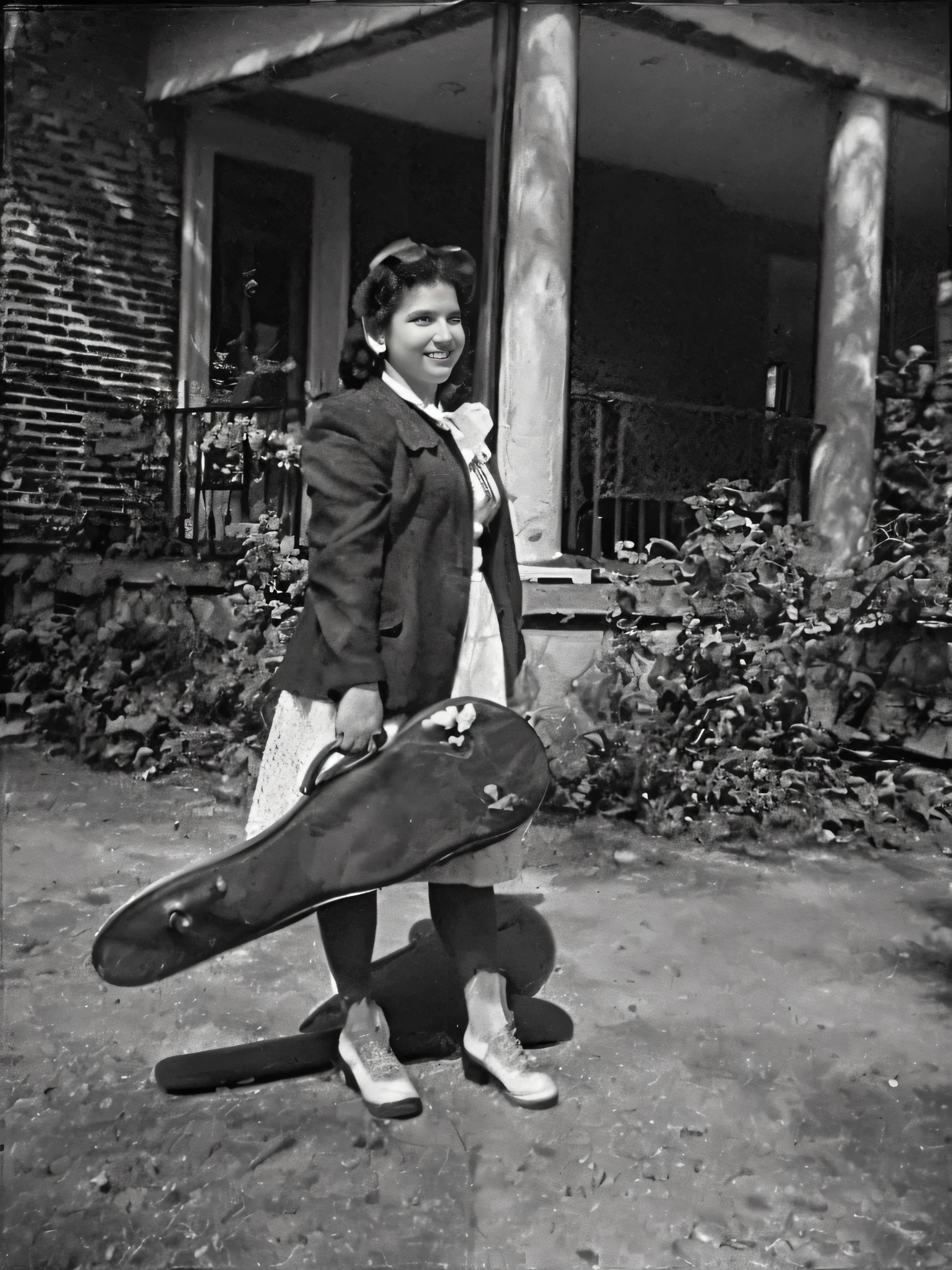 arafed woman holding a skateboard in front of a house, selena quintanilla perez, barbara hammer, georgia anne muldrow, jean james, 1950s photograph, lady davis, documentary photo, carrying a guitar, carrying a saddle bag, 1950s press photo, photo from 1940s, bonnie maclean