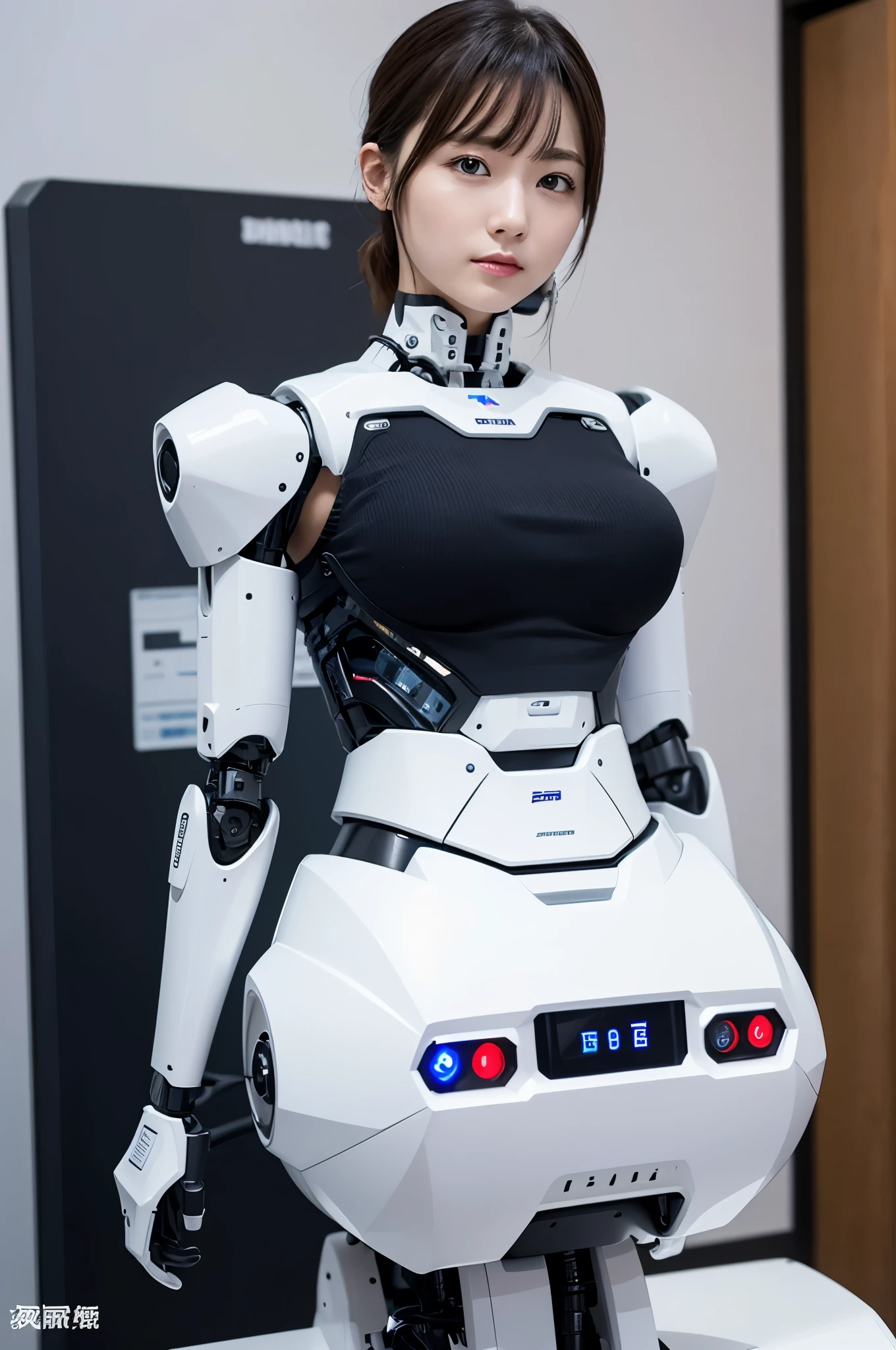 masterpiece, best quality, extremely detailed, 8k portrait, Japaese android Girl,Plump , control panels,android,Droid,Mechanical Hand, Robot arms and legs,Mechanical body,Blunt bangs,perfect mechanical abdomen,White robotics parts,perfect robot woman,future laboratory,cyber pank,charging spot,laboratory,long tube,thick cable connected her neck,ceramic body ,perfect mechanical body, white robot body,black sponge joints,The removable cover is in the groin,The connection port is in the groin,opened chest panel,access panel on the chest,opened breast panel,perfect mechanical breast,white machine body,white robot body,white ceramic breast,perfect plastic breast,She has repaired,assembly plant,miniskirt,blue eyes