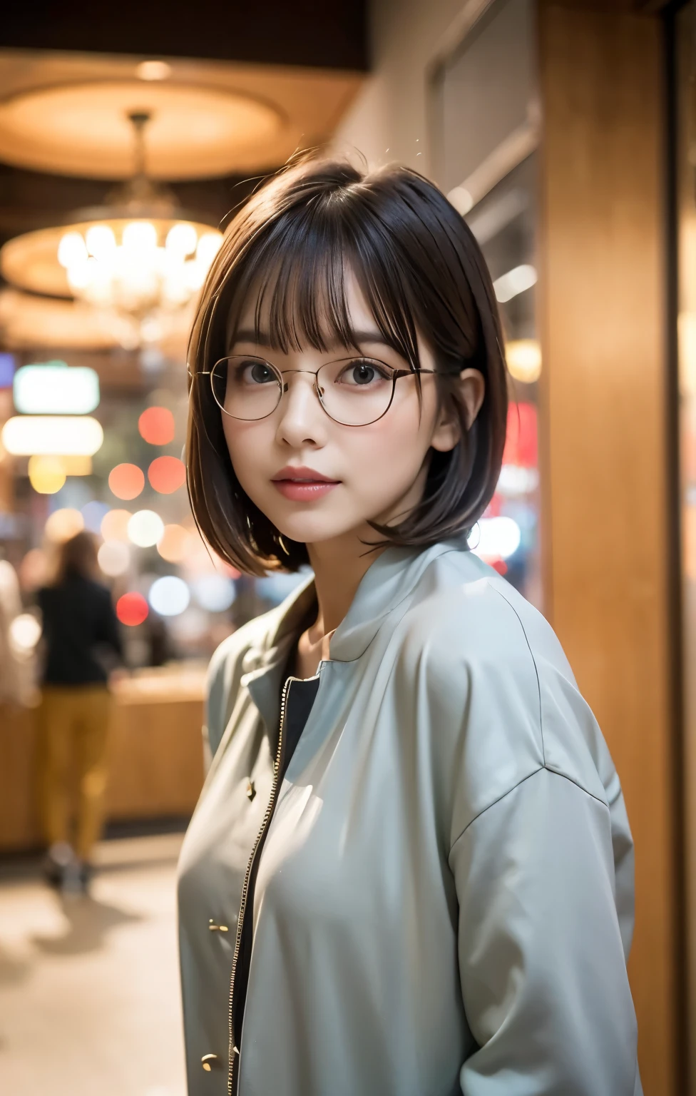 (((morning:1.3, inside the room))), glasses:1.3, medium bob, glassesをかけた女の子, cute