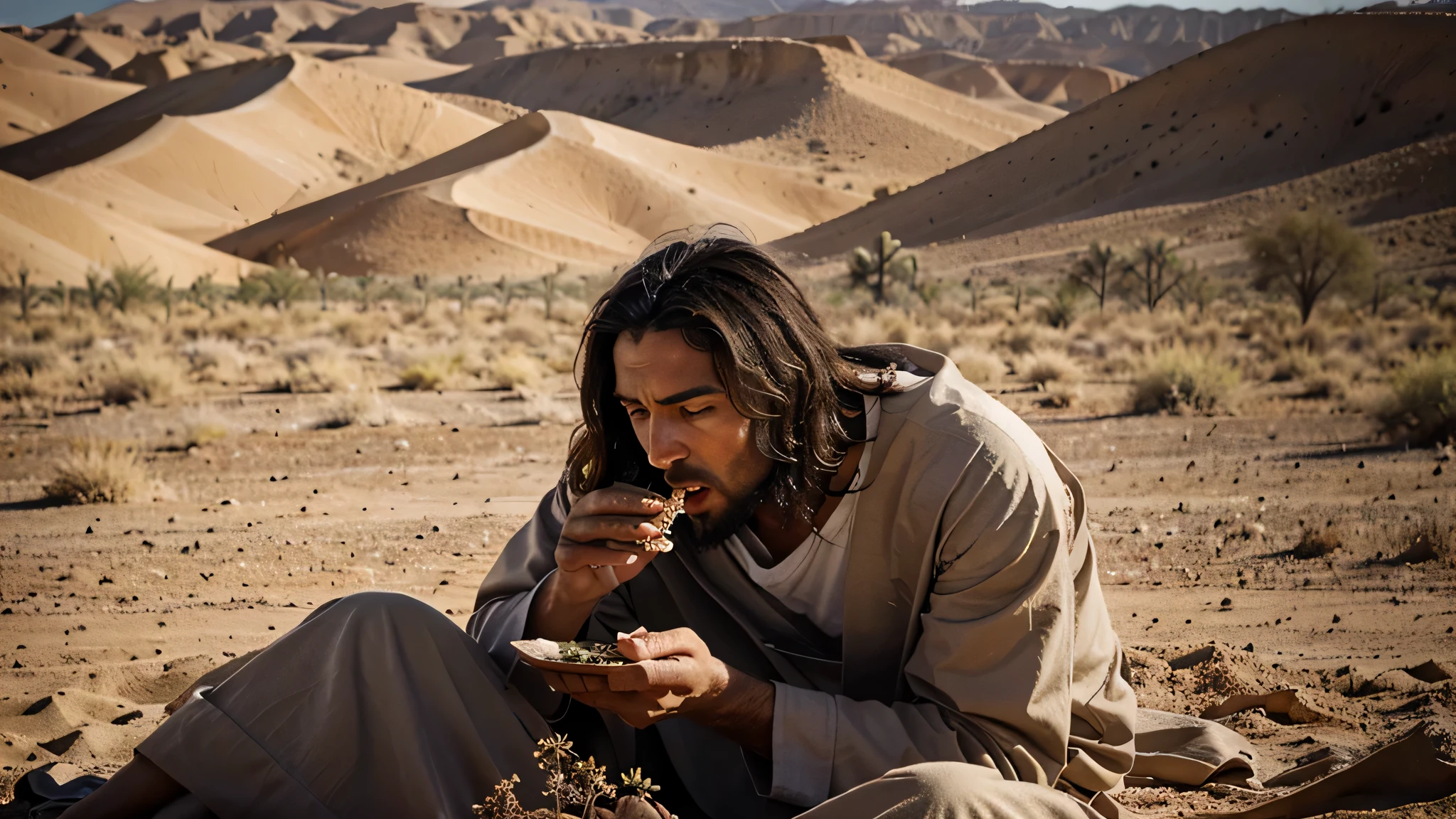 jesus, from the Bible eating insects in the desert, 4k, Fotografia Profissional, Realista