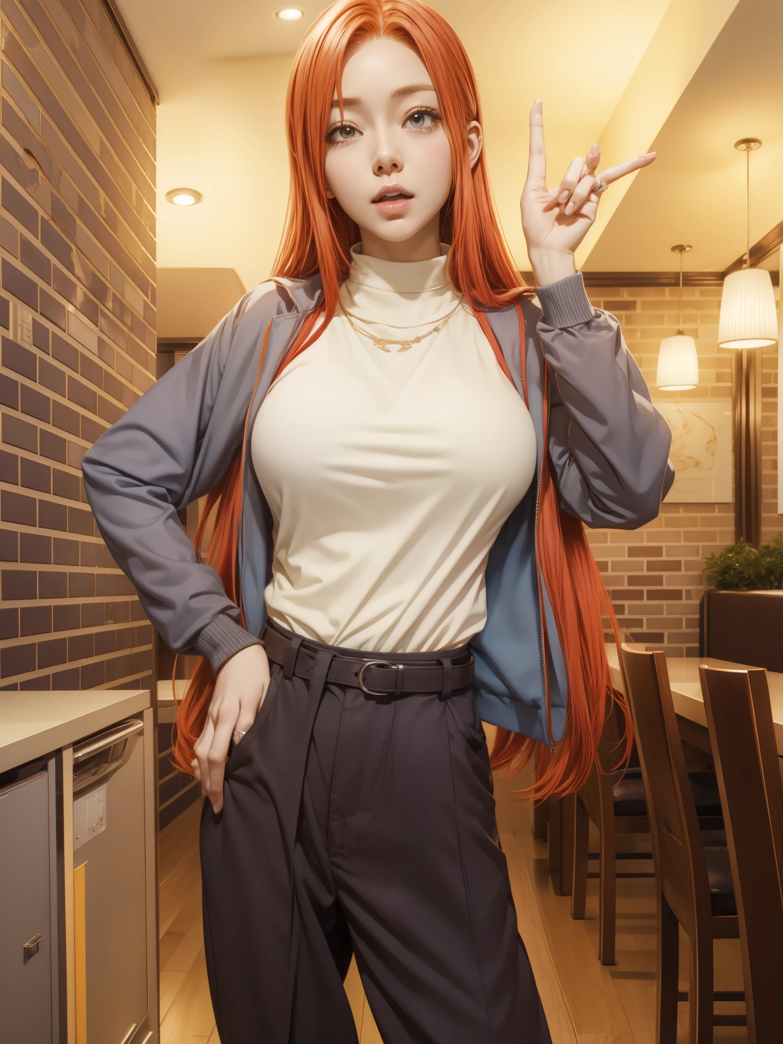 anime girl with red hair and white shirt posing in a restaurant, anya from spy x family, marin kitagawa fanart, rena nounen style 3/4, seductive anime girl, sankakucomplex anime image, beautiful alluring anime teen, asuka suit under clothes!, ecchi anime style, anime still, still from tv anime, female anime character