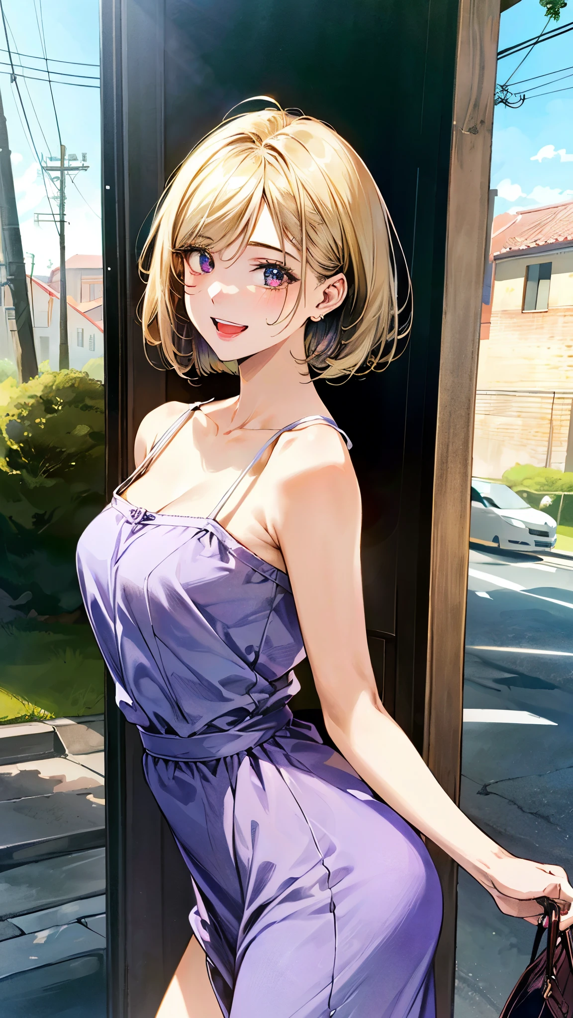 (masterpiece:1.3, top-quality, ultra high res, ultra detailed), (realistic, photorealistic:1.4), beautiful illustration, (natural side lighting, movie lighting), depth of fields, detailed cloth texture,
looking at viewer, bust photo, 1 girl, 14 years old, perfect face, (perfect anatomy), cute and symmetrical face, baby face, shiny skin, slender
(short hair:1.5, bob cut:1.4, blonde hair), hair between eyes, gold eyes, big eyes, drooping eyes, long eye lasher, (large breasts:1.1),
beautiful hair, beautiful face, beautiful detailed eyes, beautiful clavicle, beautiful body, beautiful chest, beautiful thigh, beautiful legs, beautiful fingers,
((sexy, purple vintage dress, white handbag)),
(beautiful scenery), summer day, evening, (outside modern apartment) walking, (happy smile, open mouth small),