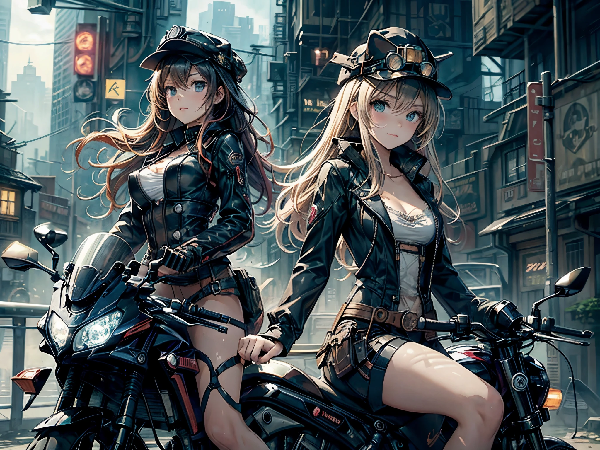 (comic book style),(line drawing_anime),(cowboy shot, highest quality, ),(Laura Budd Photo:1.2),(Laura Add Details:1.0),8k, flat color:0.8,(1 girl,smile 1.5)、(1 astride a steampunk-style motorcycle.5)、(Classic style motorcycle 1.5)、(Highly decorative and complex mechanical steampunk fashion, lace flare dolphin hat、goggles 1.5、machinery background、Gear background、Complex mechanized steampunk cityscape 1.5),