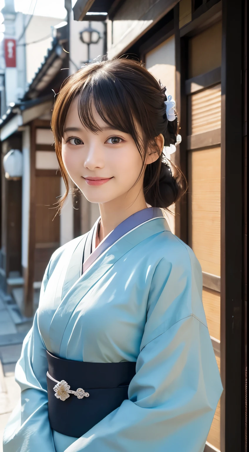 professional lighting,(Photoreal:1.4), (Top image quality:1.0), (超A high resolution:1.0), 8k, Raw photography, (masterpiece:0.2), (Pueros face_v1:0.5)、(最高quality Detail:1.2)、realistic、8k UHD、High resolution、(1 girl:1.2)、超detailedな、High quality textures、intricate details、detailed、Very detailed CG、High quality shadows、detailed 美しく繊細な顔、Beautiful details and delicate eyes、(symmetrical eyes:1.2),Depth of the bounds written、ray tracing,1 girl, japanese girl, (natural smile:1.4),cute, thin, Portrait of a beautiful Japanese woman wearing a kimono, Standing elegantly on a street corner in Kyoto. A kimono with bright traditional patterns, Hair decorated with an elegant and delicate hairpin, and a gentle expression. (Against the backdrop of the old streets of Kyoto:1.4)、soft light on a spring afternoon、adds tranquility to the scene. Rendered in a realistic style with great attention to detail, High resolutionの画像.sky porn, magic hour, (realistic:1.3), finely, quality, (table top:1.2), (realistic:1.2), (最高quality), (複雑なdetailed), dramatic, ray tracing, photograph, +roller