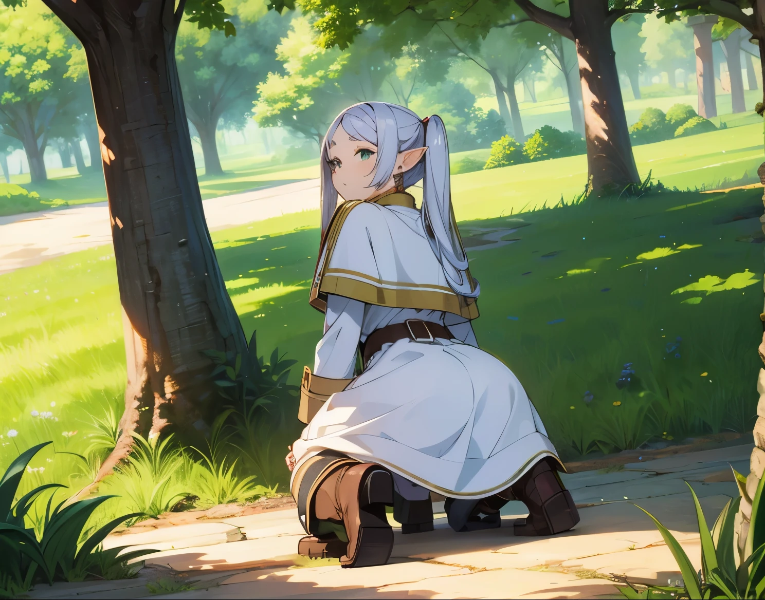 Masterpiece,Clothed,Nsfw,(((1girl,man,sex,back,vaginal))),1man in,,a woman in a dress kneeling on the ground, long hair, blush, bangs, long sleeves, twintails, green eyes, ass, flower, white hair, pantyhose, earrings, boots, outdoors, parted lips, day, pointy ears, belt, white dress, tree, black pantyhose, capelet, brown footwear, knee boots, grass, elf, nature, forest, white capelet