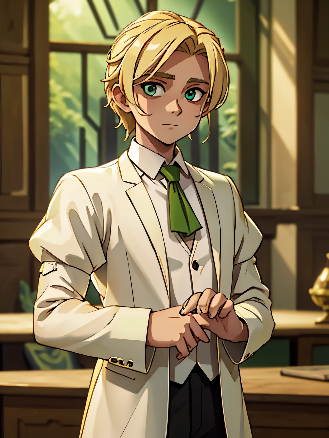 A young lord wearing a fancy white shirt, dusty blonde hair, glowing green eyes, with green magical energy around his hands