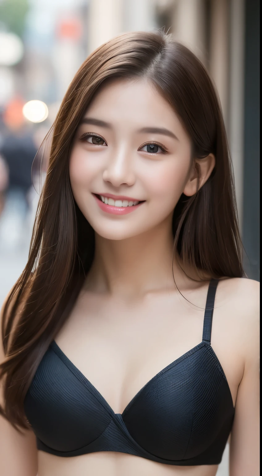 ((Best quality, 8k, Masterpiece :1.3)), 1girl, smiling, full body, slim face, Pretty woman, (Dark brown hair), The bikini :1.1, Ultra-detailed face, Detailed eyes, Double eyelid,  blur background, slim face, city, outside, street,