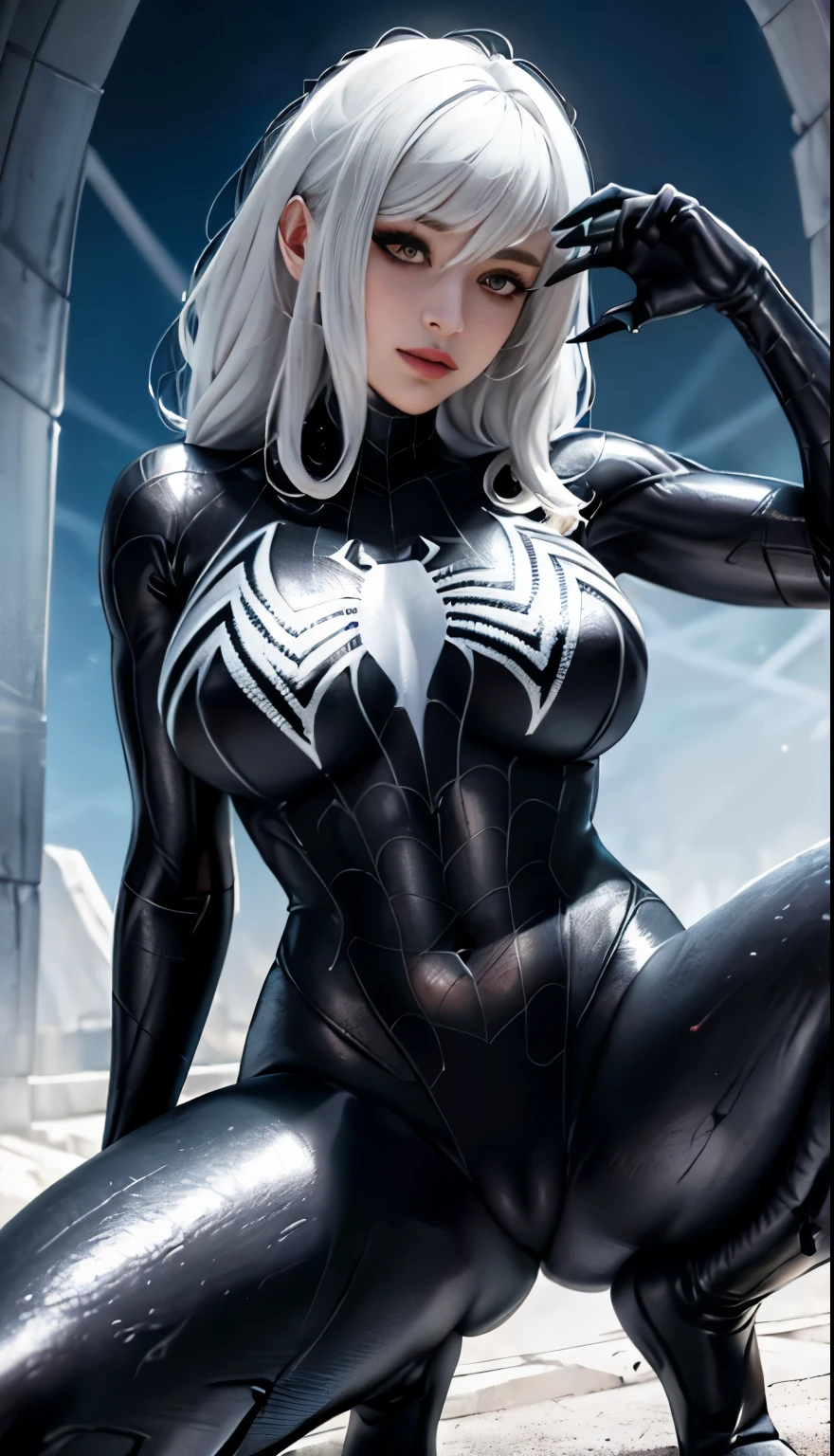 4K，realistically，charming，very detailed，There is a girl in Dingcheng，white hair，Wearing black Spider-Man costume，（black and white：1.4） night,symbiont，poison，lots of mucus,She is a hero，Black superhero theme，in front of the sky，complexion，( spread legs， camel toe，， vulva shape：1.3）,(GGcamel toe:1.3)，25 years old，Full body female love