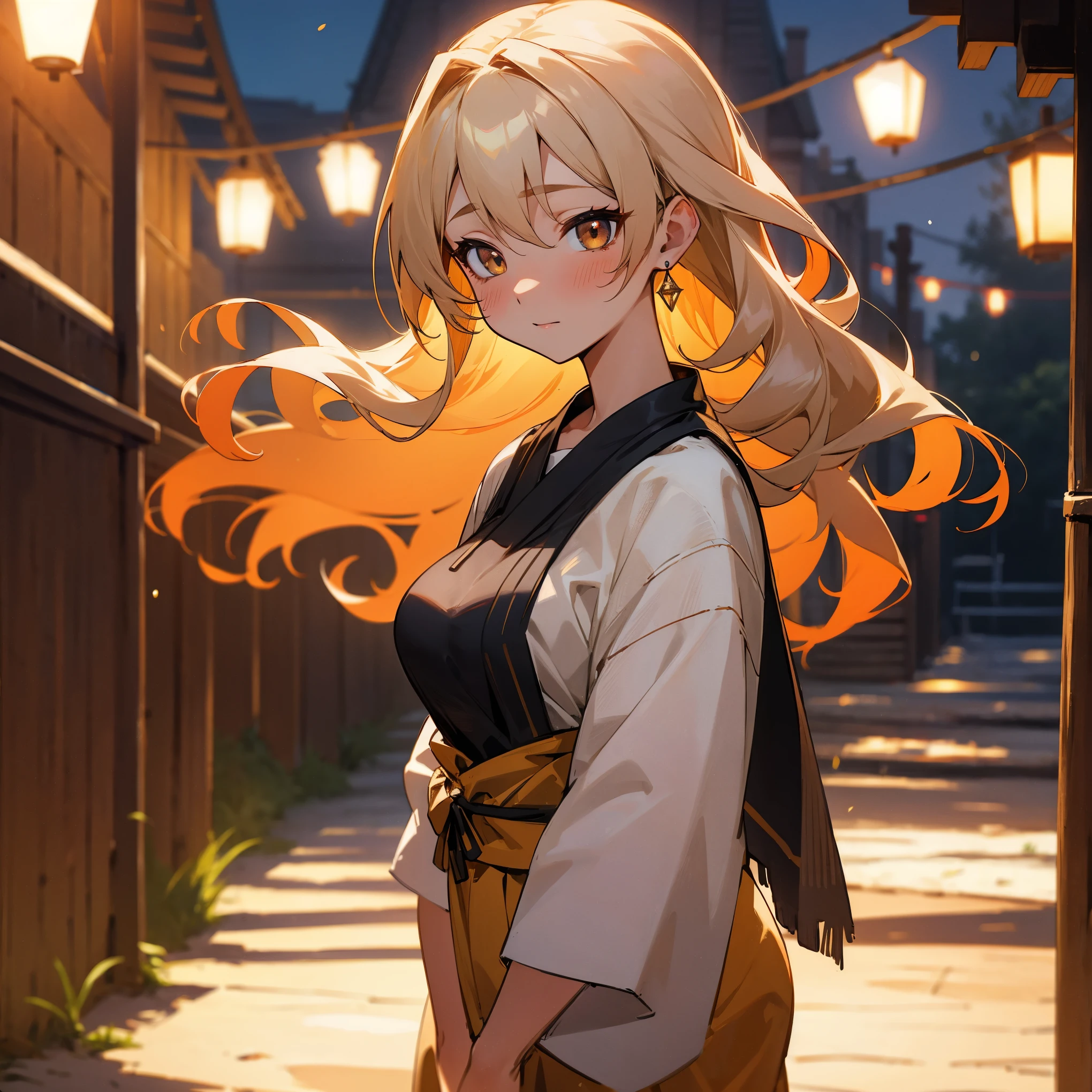 1female, adult, busty, big breast, tan skin, finely detailed saffron eyes, long wavy hair, honey ombre hair color, loose yukata, blushing, standing in alley, night, village background, sexy expression, earrings, lanterns, cute expression