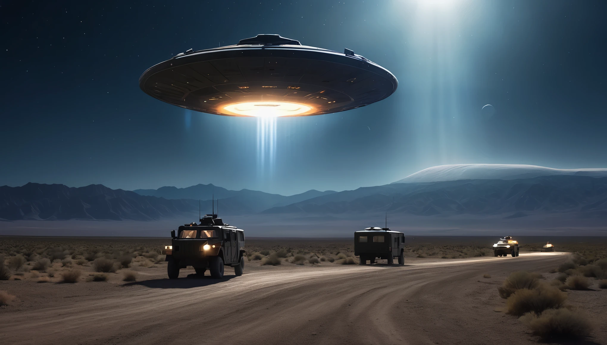 (Cinematic Science Fiction Photography:1.6) An ominous photograph capturing an apparent UFO encounter over the secretive Area 51 military complex. In the dimly lit desert night, a flotilla of unknown aircraft hovers silently above the base's nondescript hangars and radar installations. These strange, saucer-shaped craft glow with an eerie, pulsating aura, their geometrically perfect outlines unmistakably artificial and far beyond current human technology. Bright beams of light pierce downward, casting dramatic shafts of illumination over the base while smaller spherical drones seem to be scanning the area. In the foreground, a solitary Air Force HMMWV appears frozen on a remote stretch of road, its headlights extinguished, as the mysterious armada blots out the stars above, awaiting further human response. Shot from a low angle on a Hasselblad H6D-400c with a wide 35mm lens to capture the haunting scope and sharp details of the surreal scene, composed against the silhouetted mountains of the Nevada desert. The photograph's styling evokes the cinematic, hyper-real aesthetic of sci-fi films like Close Encounters of the Third Kind while leaving interpretation of the UFOs' origins and purpose tantalizingly ambiguous - an event witnessed with both awe and trepidation within the shadows of Area 51's clandestine boundaries. Rendered in the style of digital matte painters like Vitaly S. Alexius.