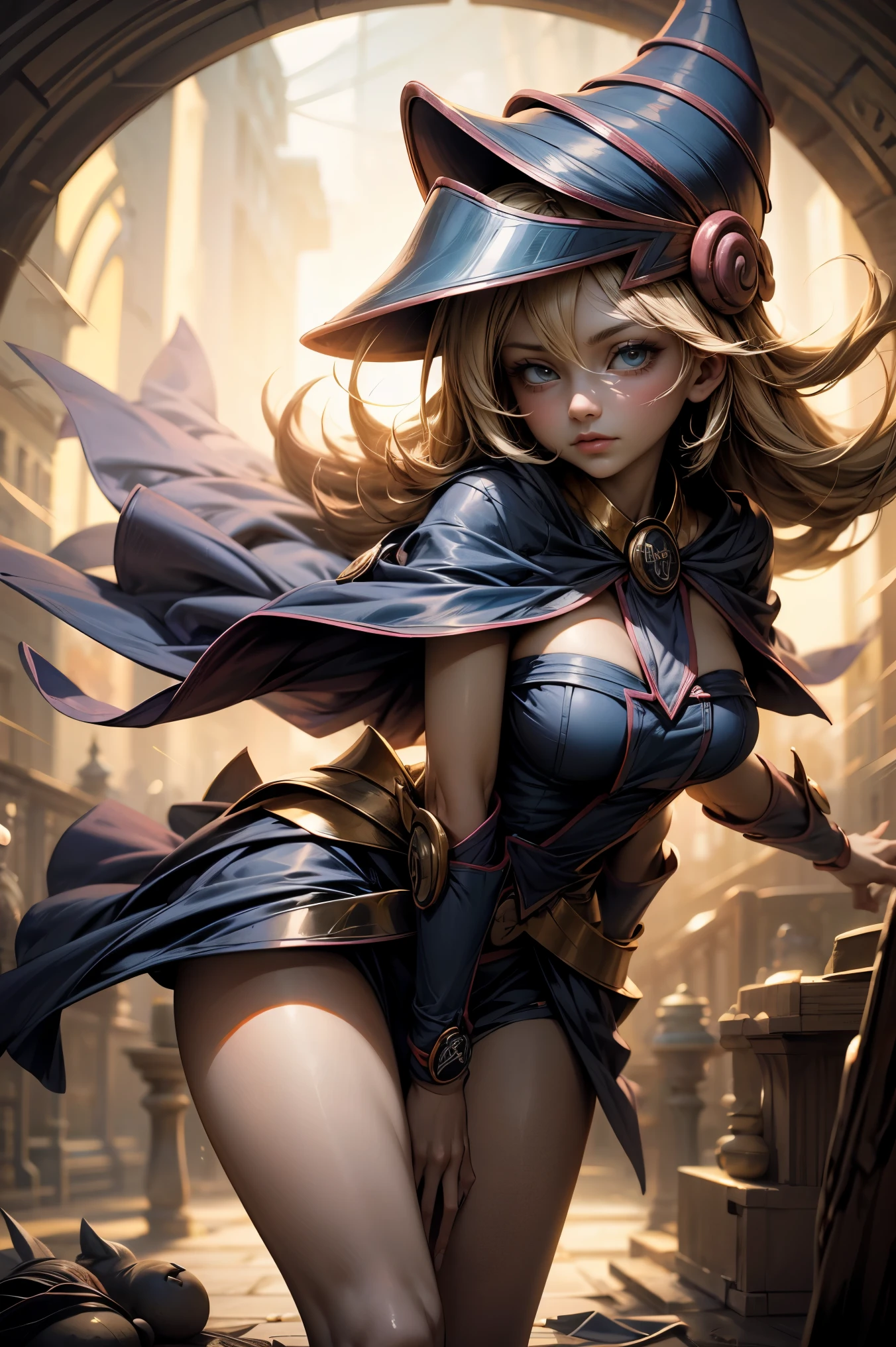 (Obra maestra:1.2), (La mejor calidad:1.2), perfect lighting, Chica Maga Oscura lanzando un hechizo, flotando en el aire, tetas grandes, escote, fondo de magia. Corazones transparente en el hambiente, bata azul, sombrero grande, desde arriba, Destellos, Yugioh Card en el fondo