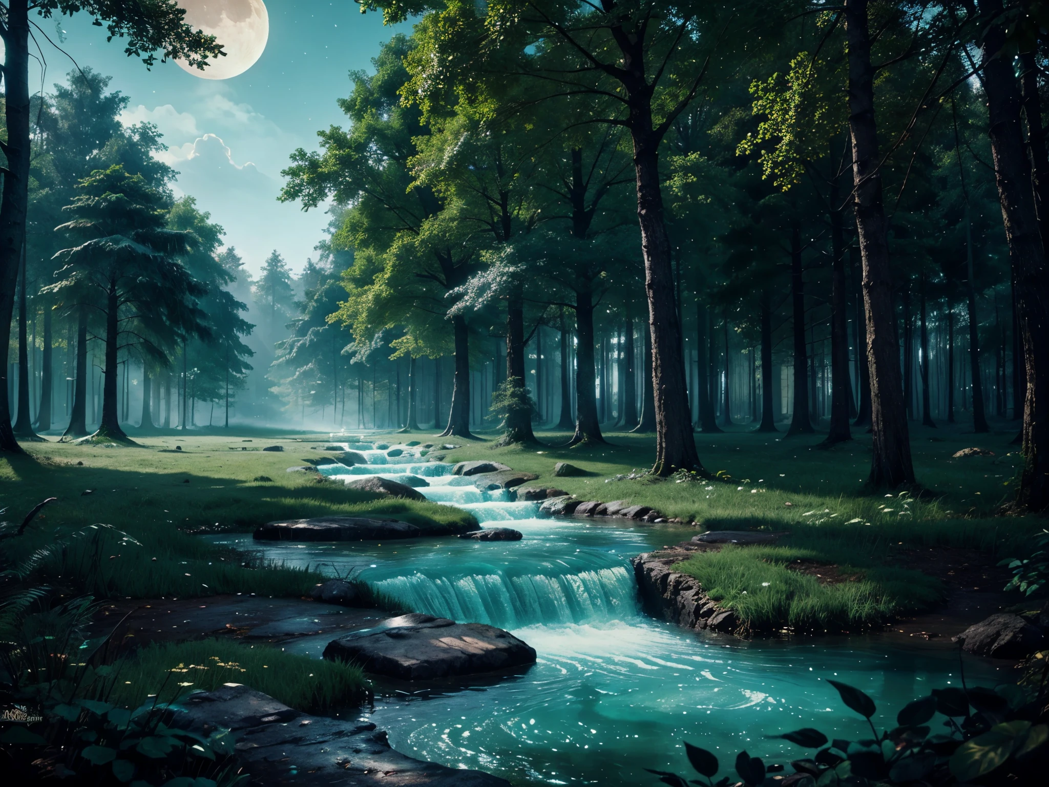 background nature forest fantasy, forest dark magical, moon cyan, concept art fantasy, splash art, best quality, detailed.