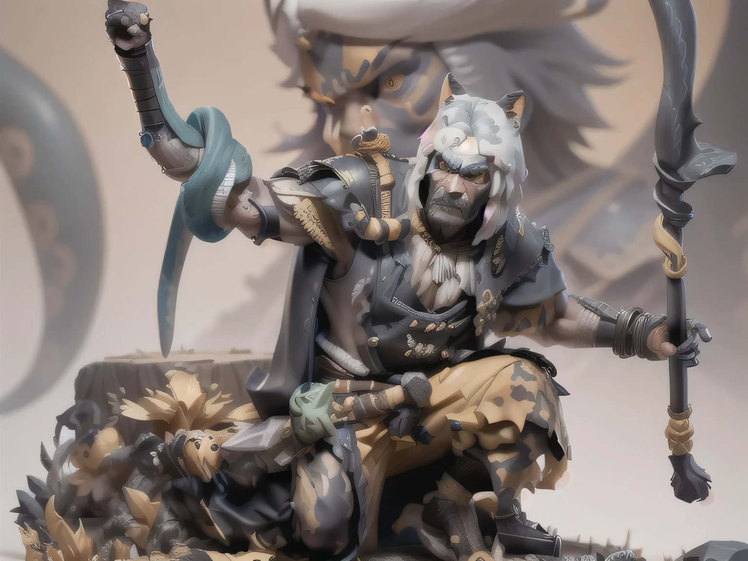 there is a statue of a man with a snake on his arm, do feiticeiro antropo leopardo, alligator shaman, kenku, kitbashing, Componente Kitbashing, do desbravador, 3D Monkey Shaman Profile Portrait, miniatura de mesa, mago raposa negra, miniatura de fantasia stl estilizada, Miniatura Wargaming pintada, resina miniatura, samurai urso preto, divindade samurai com armadura koi