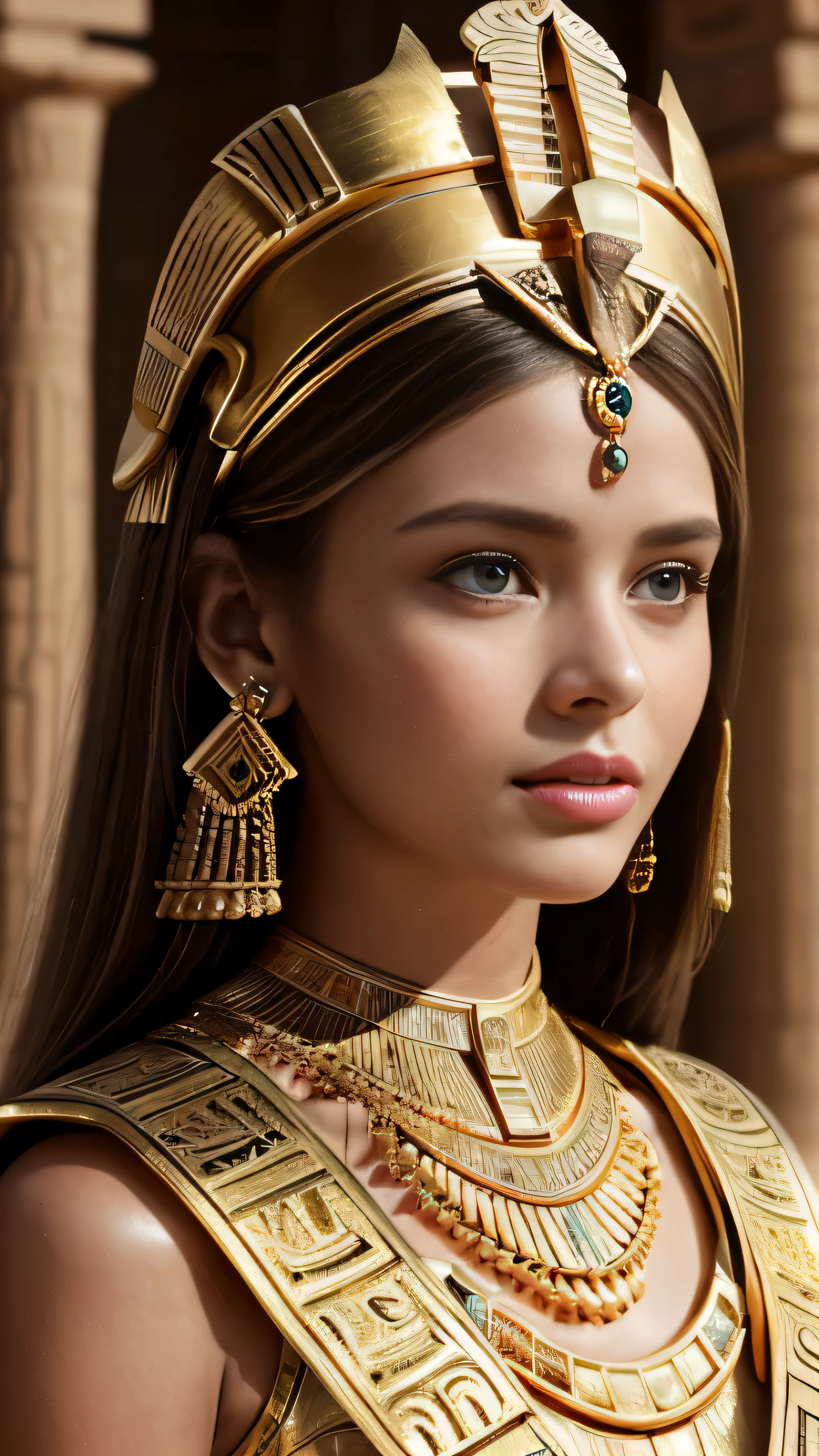 (cinematic photograph of a detailed beautiful 18-year old woman with ((facial and body characteristics that is similar to Kristina Pimenova))), (), ((Ancient Egyptian Elegance: Theme: Timeless beauty inspired by ancient Egypt. Clothing: Flowing gowns with Egyptian motifs, gold accessories. Scene: A desert landscape or a setting reminiscent of ancient temples. Props: Ankh, scarab jewelry, or a golden headdress.)), (), (), finely detailed, ultra-realistic features of her pale skin and (slender and athletic body), and (symmetrical, realistic and beautiful face), candid, (), (), (()), (), film stock photograph,  rich colors, hyper realistic, lifelike texture, dramatic lighting, strong contrast