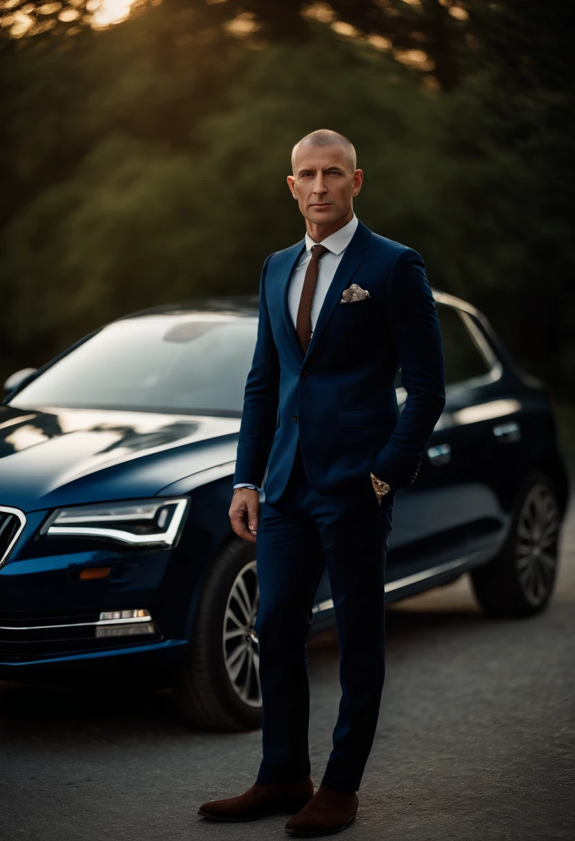 whole body, Wide angle photo close up body portrait of a handsome man , Tall and fit, (40 years:1.1), (shaven:1.2) , (Very short brown hair:1.5),(Small beard)(very short hair:1.6). (Slim suit in dark blue velvet.:1.3). (posing near a luxury car:1.1),(Skoda car),Cold and dark sunset at dusk, (edge light:1.1),(Focus on the eyes), (proud look), (Hard light on the skin:1.2), (sharp shadows, dark themed, Deep contrast:1.1), (portrait photography of Annie Liebowitz), Dark mint theme and choral aesthetic, (skin imperfections)