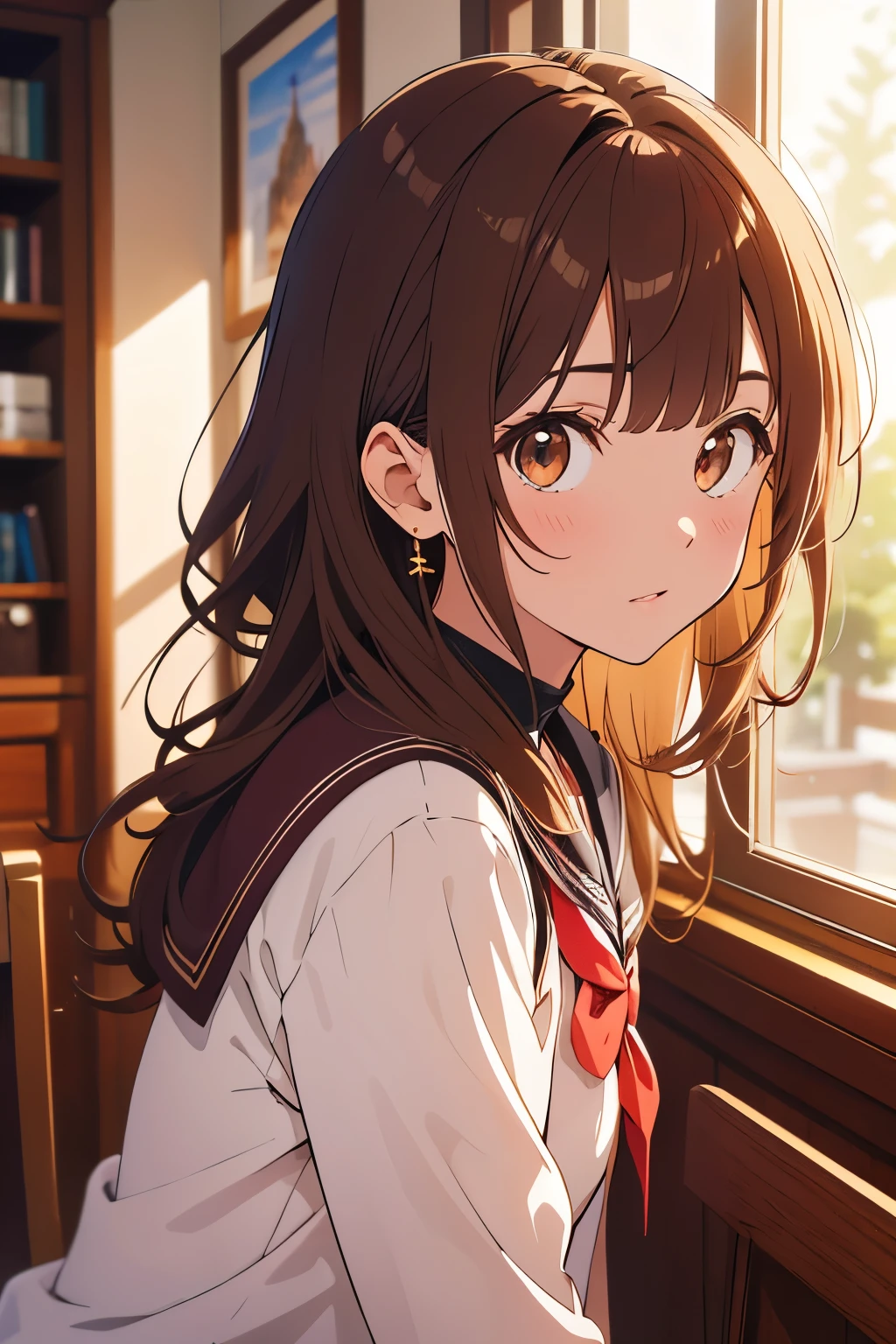 (melhor qualidade,mesa:1.2),(estilo anime,Comics Core:1.1),1 garota em,estilo fofo,adorable,olho extremamente detalhado,rosto extra detalhado,cabelo com muito detalhe,Sobre Hipder,8K,resolution,high school girl,Uniforme de marinheiro, medium brown hair, olhos castanhos, sardas