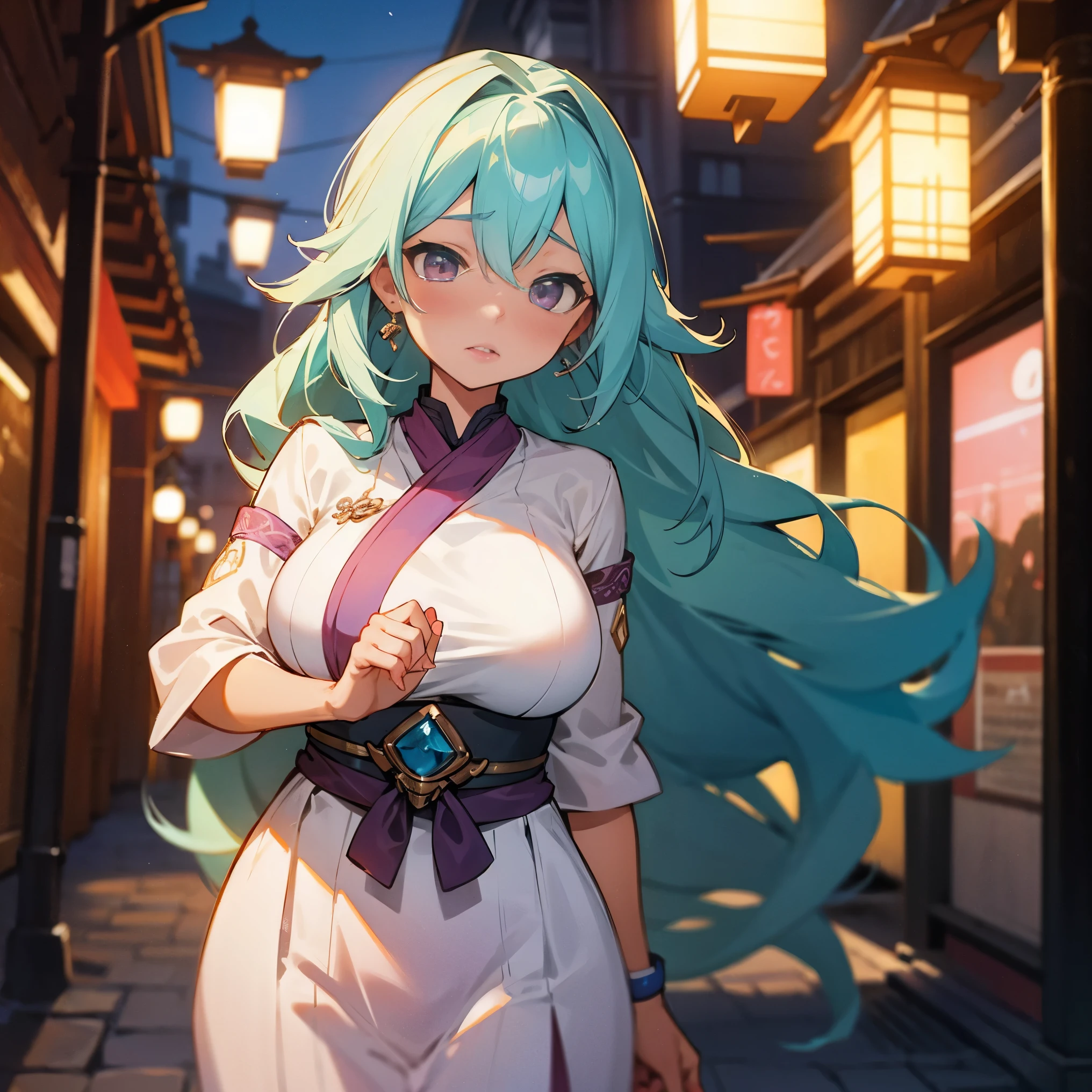 1female, adult, busty, big breast, tan skin, finely detailed amethyst eyes, long wavy hair, aqua ombre hair color, loose yukata, blushing, standing in alley, night, village background, sexy expression, earrings, lanterns, cute expression