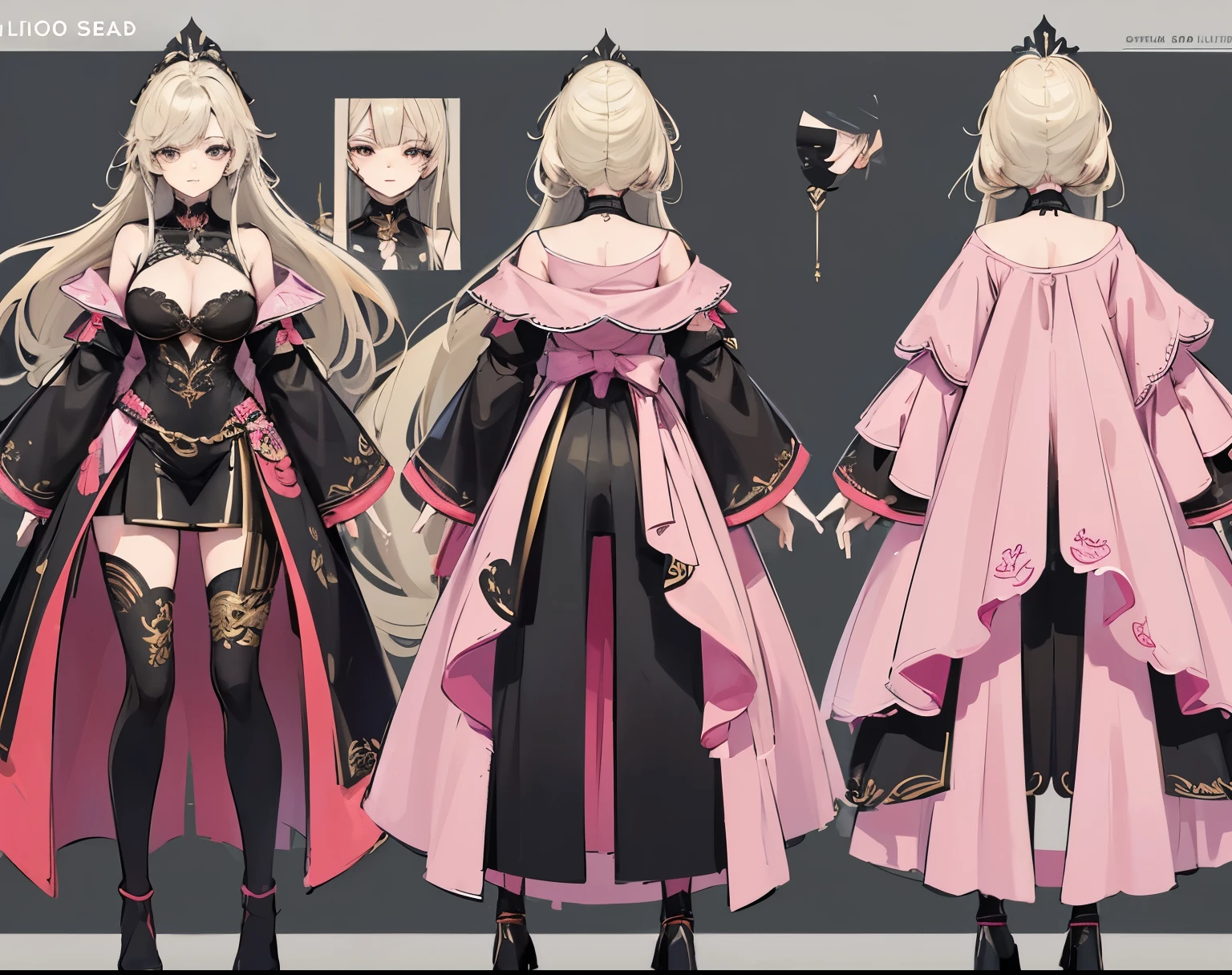 hoja de referencia de personajes, 1 mujer, 20 years, ((fantasy character)), ((Personaje del juego )), Using Blade and Soul and Granado Espada hybrid suit, cuerpo completo completo, character design sheet, ((1 vista en perspectiva frontal, 1 vista frontal y 1 vista trasera solamente)) Pink and black themed costume design, symmetrical elements in suit, costume simulation detection like in CLO, Wonderful designer, 8K resolution, Ultra high definition image output