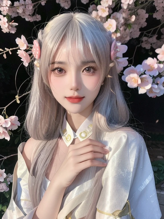 ultra high res, (photorealistic:1.4), raw photo,16K,,beautiful detailed girl, extremely detailed eyes and face, beautiful detailed eyes,light on face,cinematic lighting,1girl,looking at viewer,east asian architecture,(blurry background:1.2),cherry blossoms, lantern light, depth of field,