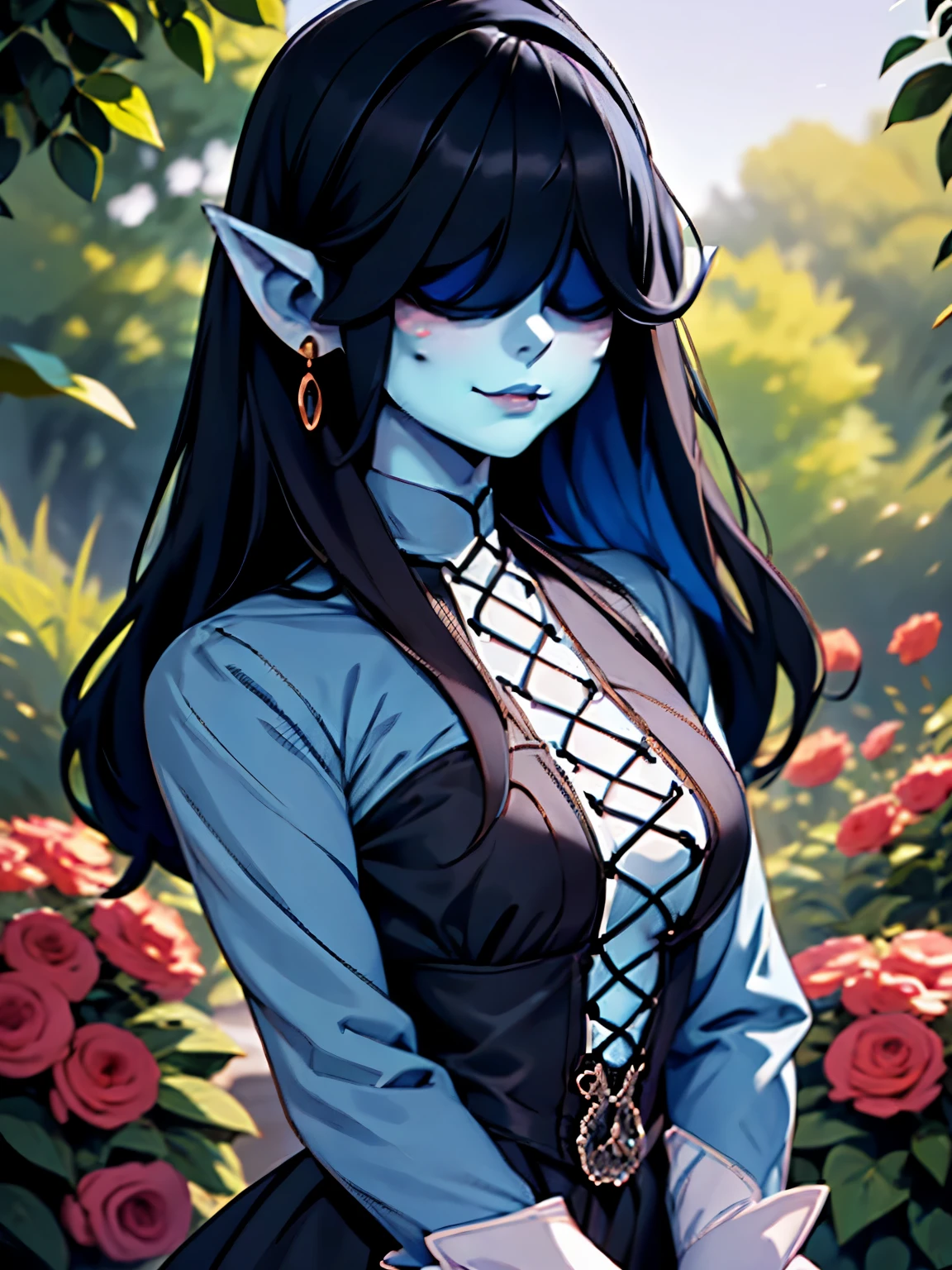 "girl with blue-grey skin, black hair covering right eye, maid-like outfit, detailed eyes and lips, beautiful facial features, elegant posture, vibrant colors, photorealistic style, soft lighting, high-quality rendering, fine details, picturesque garden background"