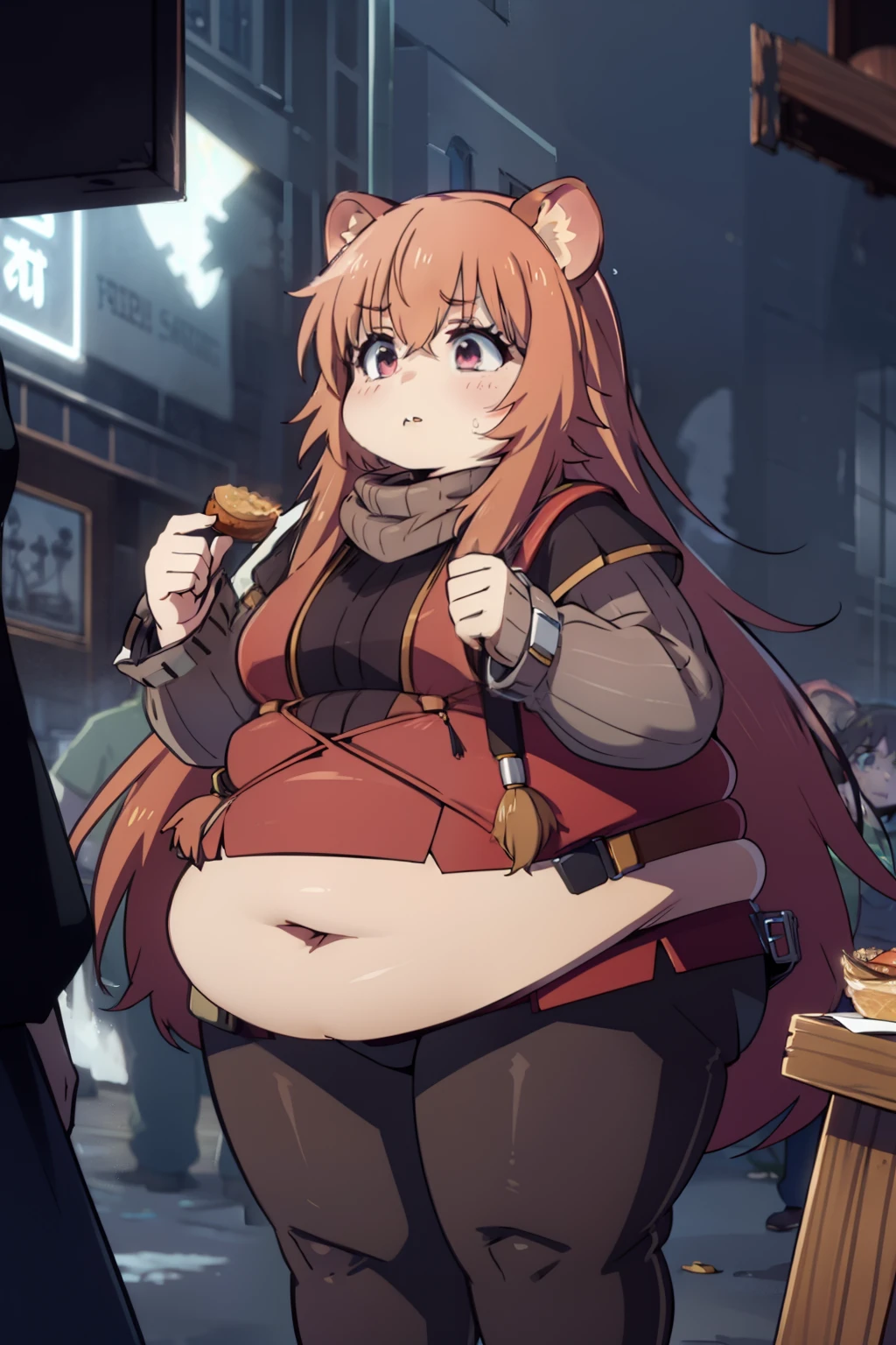 Fat Raphtalia, fat red suit, Obese, chubby, fat face, obese bodyc, round, rotund, stealing food, eating, stuffed raccoon