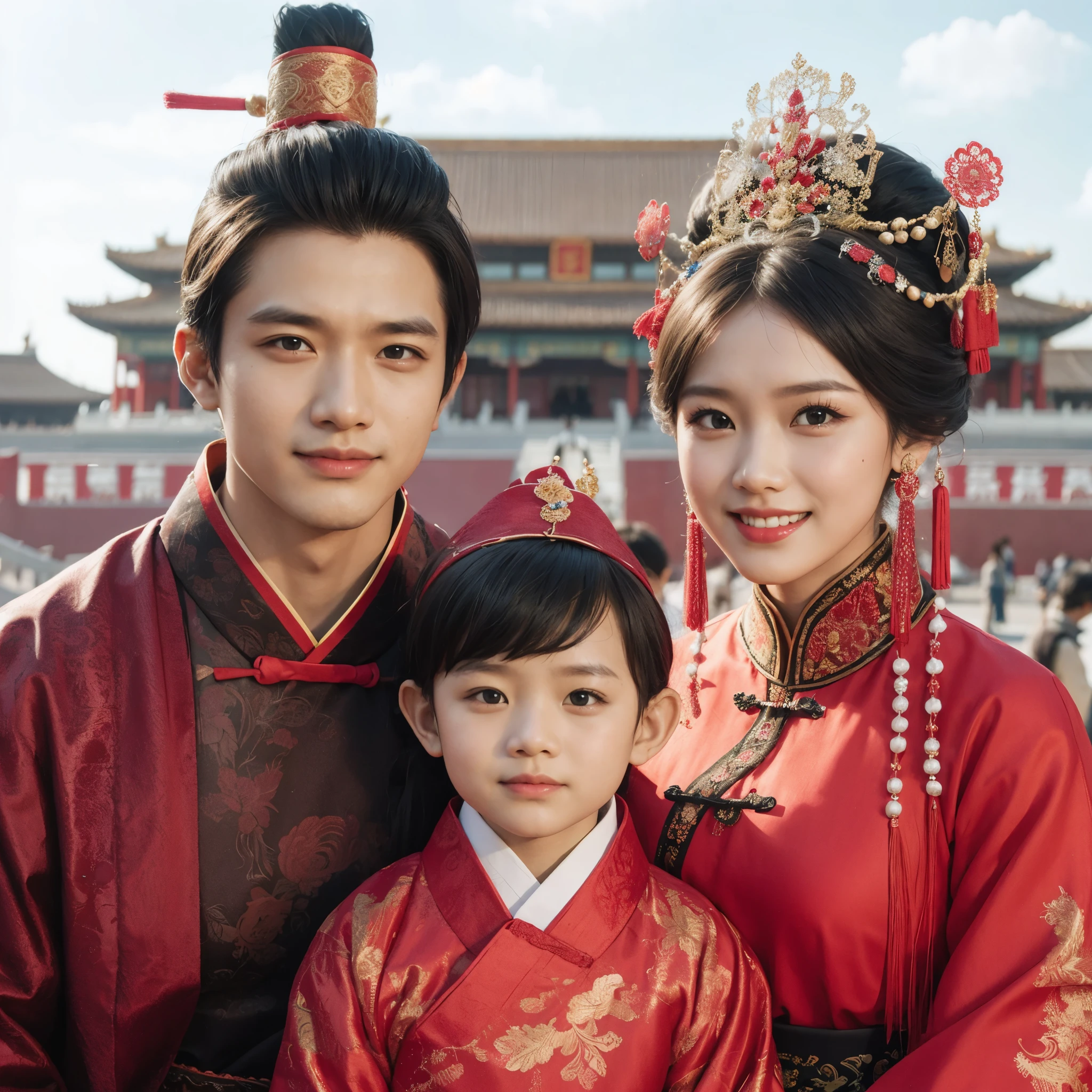 photo of an Indonesian family outdoors, a 22-year-old man, a 20-year-old woman, and a 4--old , all wearing traditional Chinese royal clothing, hanfu, neatly styled hair, in red color, with a backdrop of the Forbidden City, bright colors, good lighting, detailed, best photography, ultra HD, cinematic photo, 8k 