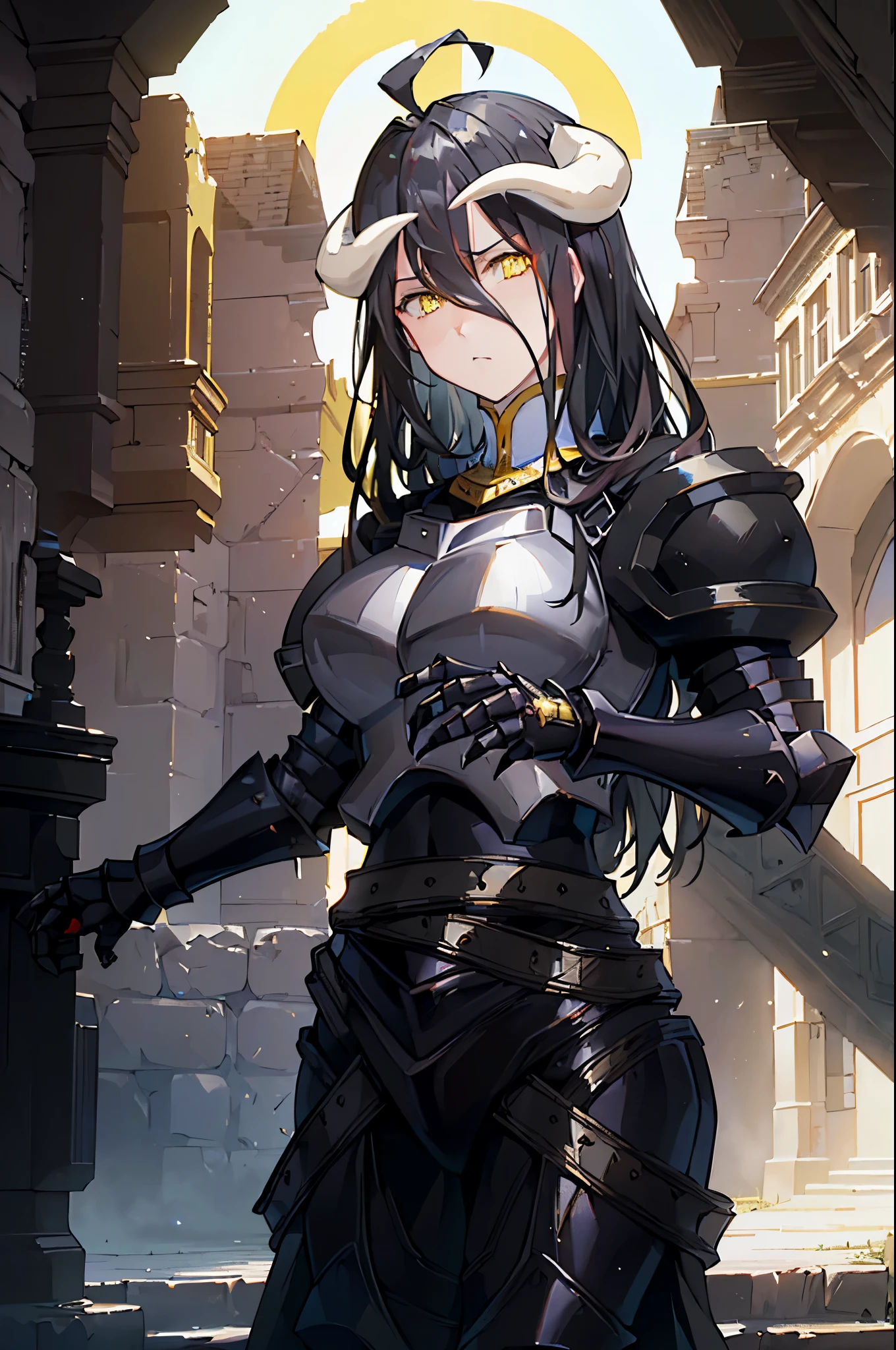 (((4k, masterpiece))), ((looking at the viewer)), big breast, ((yellow eyes)), (high quality), ((wear knight armor, castle)), ((angry)), (((2 hands))), ((2 horns), ((black hair))