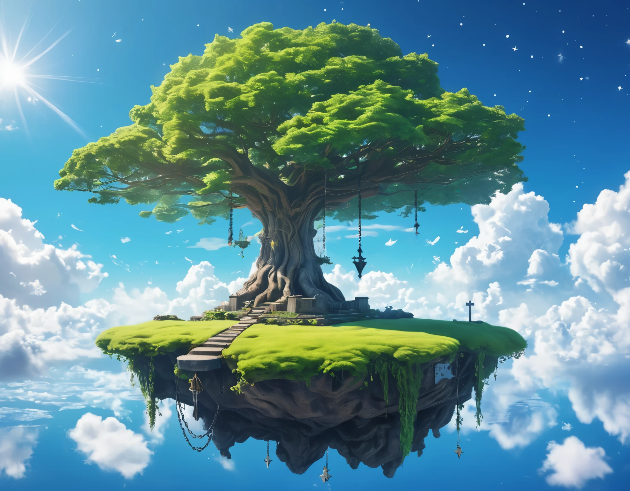 ((A beautiful floating island in the sky, a single tree, daytime, stars, cloudoon, gravestone. An enormous chain attached to the island 