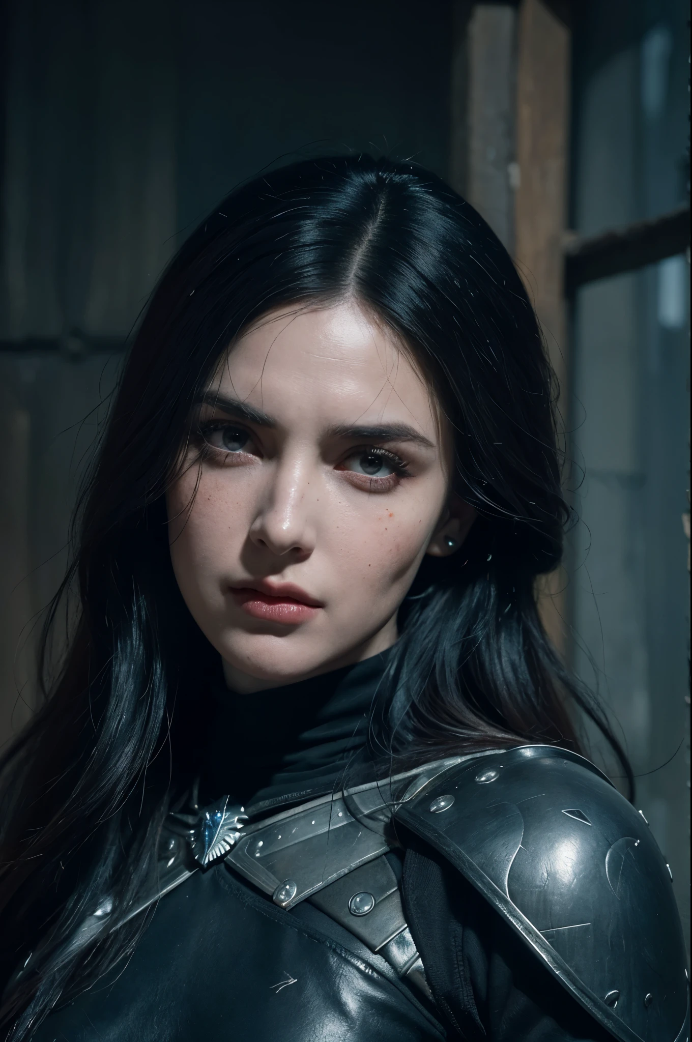linda bruxa com longos cabelos pretos e olhos azuis parecida com a yennefer do jogo the witcher, She wears black metal medieval armor and is in the middle of a fierce battle against enemy soldiers.., your face is stained with blood and freckles, Your skin is white, and his expression is angry