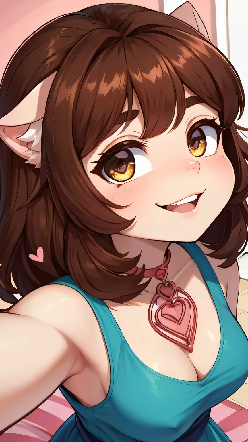 gata peluda,pelo rosa,pele da bochecha,neck hair,vestido branco,Ficar,many heart eyes,sorriso,boca aberta,corar,meu quarto,selfie,greatest angle, olhos castanhos, Medium brown hair, pelo branco