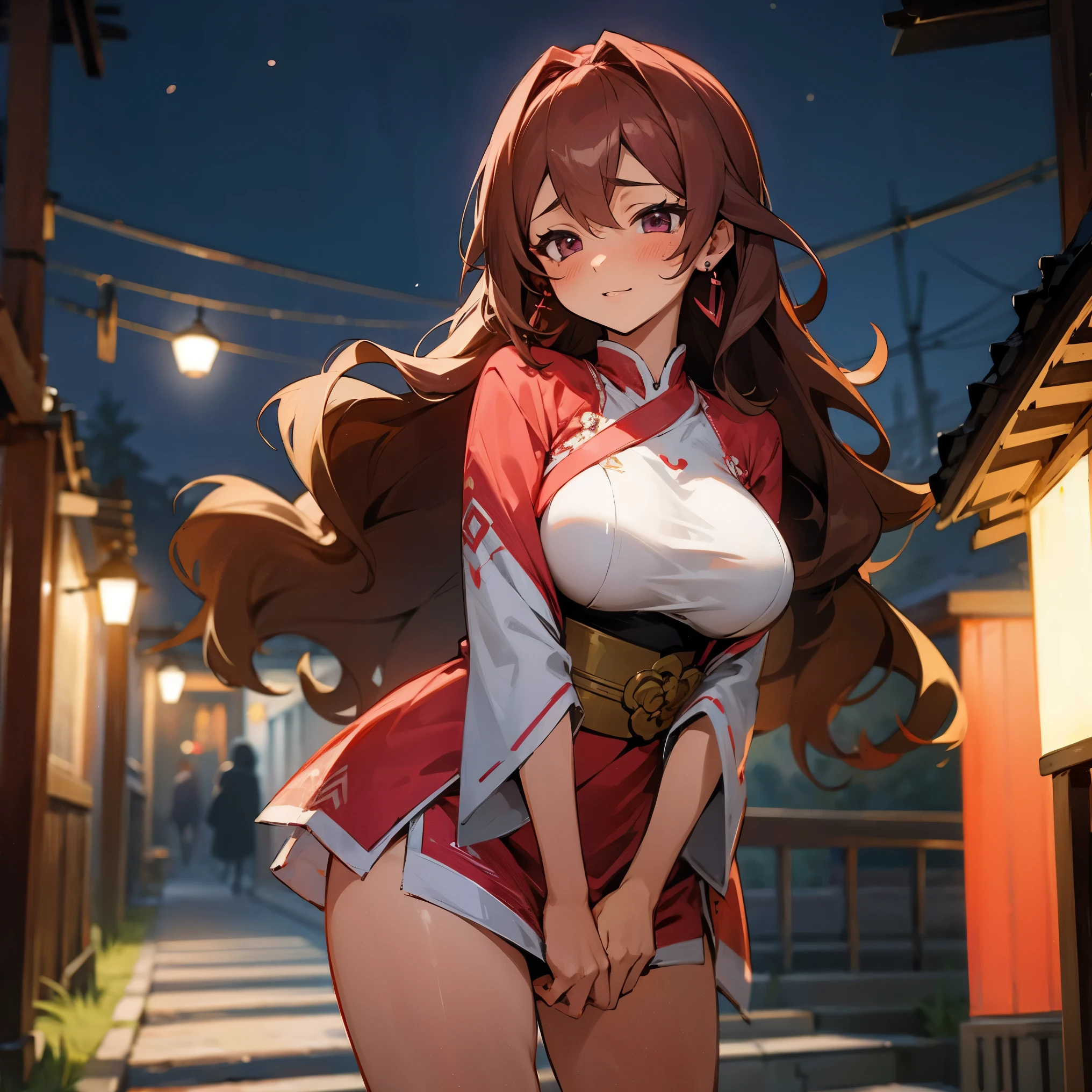 highres, shadows, absurdres, best_quality, ultra_detailed, 8k, extremely_clear, photograph, beautiful, beautiful face, sharp focus, hdr, 1girl, clean eyes, wide-eyed,background of a japanese small old town street with paper lanterns, at midnight, background darker then the girl in front, beautiful face, small puffy breasts (puffy small firm breast, very red areola, standing ,very seductive pose,red very long hair, very young, horns, ponytail, large bare midriff, no bra, naked, no horns, bare breast, no pantsu, bare breast