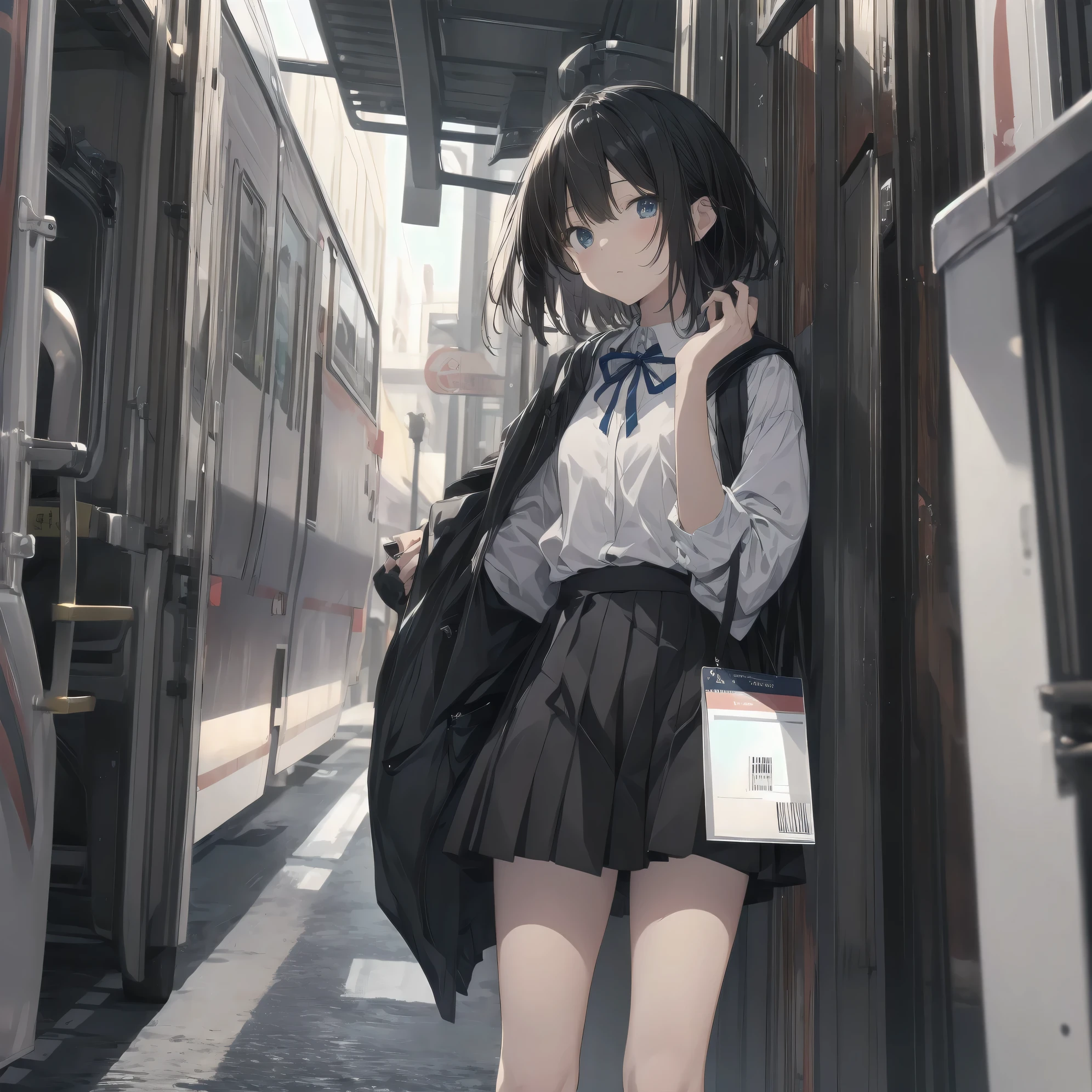 Super absurd quality by the god of art, super detailed, High resolution, anime moe art style, Best Anime 8K Kona-chan Wallpaper, pixiv contest winner, perfect anatomy, break,(眠そうにalone学校へ行く女の子を描いてください. )break,1 girl, (alone,little woman, 13 years old:1.3),All limbs, full finger,, The charm of an immature body, (very_short hair), bangs, small ass, between legs, small eyes, small black eyes, detailed and beautiful eyes, Well-proportioned iris and pupils, expressive eyes, High resolutionの詳細な髪, neck ribbon, skirt, collared shirt, pleated skirt, school uniform, school bag,(detailed lighting), (detailed background),  On the way to school. break,super dense skin, Best cinematic lighting powered by famous artist, 8k,Beauty Illustration,photoshop_(Moderate),Absurd Hi-Res,Hmm,rough skin,break,((artist:dark black,)) artist:Rinzo, artist:Mitsumi_Misato,artist:akinashi_excellent 
