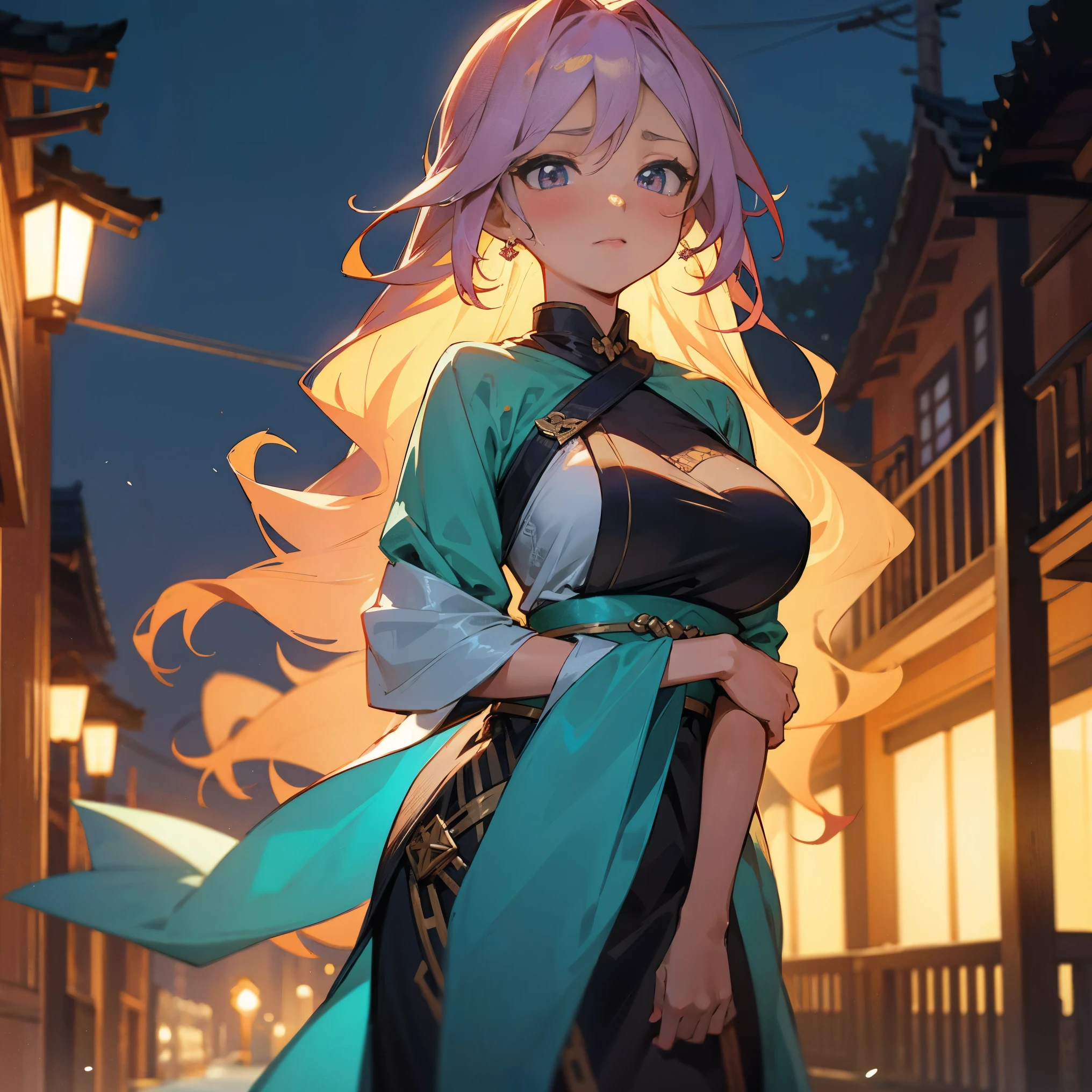 1female, adult, busty, big breast, tan skin, finely detailed amethyst eyes, long wavy hair, aqua ombre hair color, loose yukata, blushing, standing in alley, night, village background, sexy expression, earrings, lanterns, cute expression