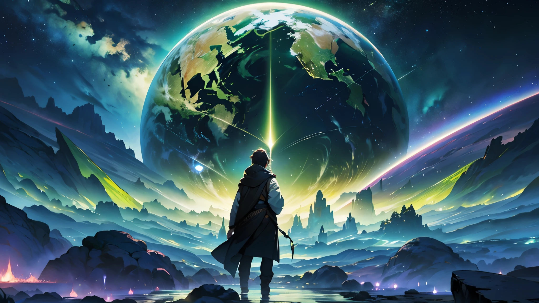 ficticious ((green planet)), great quality, ((green universe)), feeling of immersion, a green cosmic nebulae in a full sky with a ((big person)) in front of it covering 40% of the picture person with their back turned, trying to und ((melhor qualidade)), ((obra de arte)), (detalhado), costaserstend the plannet, the person need to be focused and the plannet disfocused