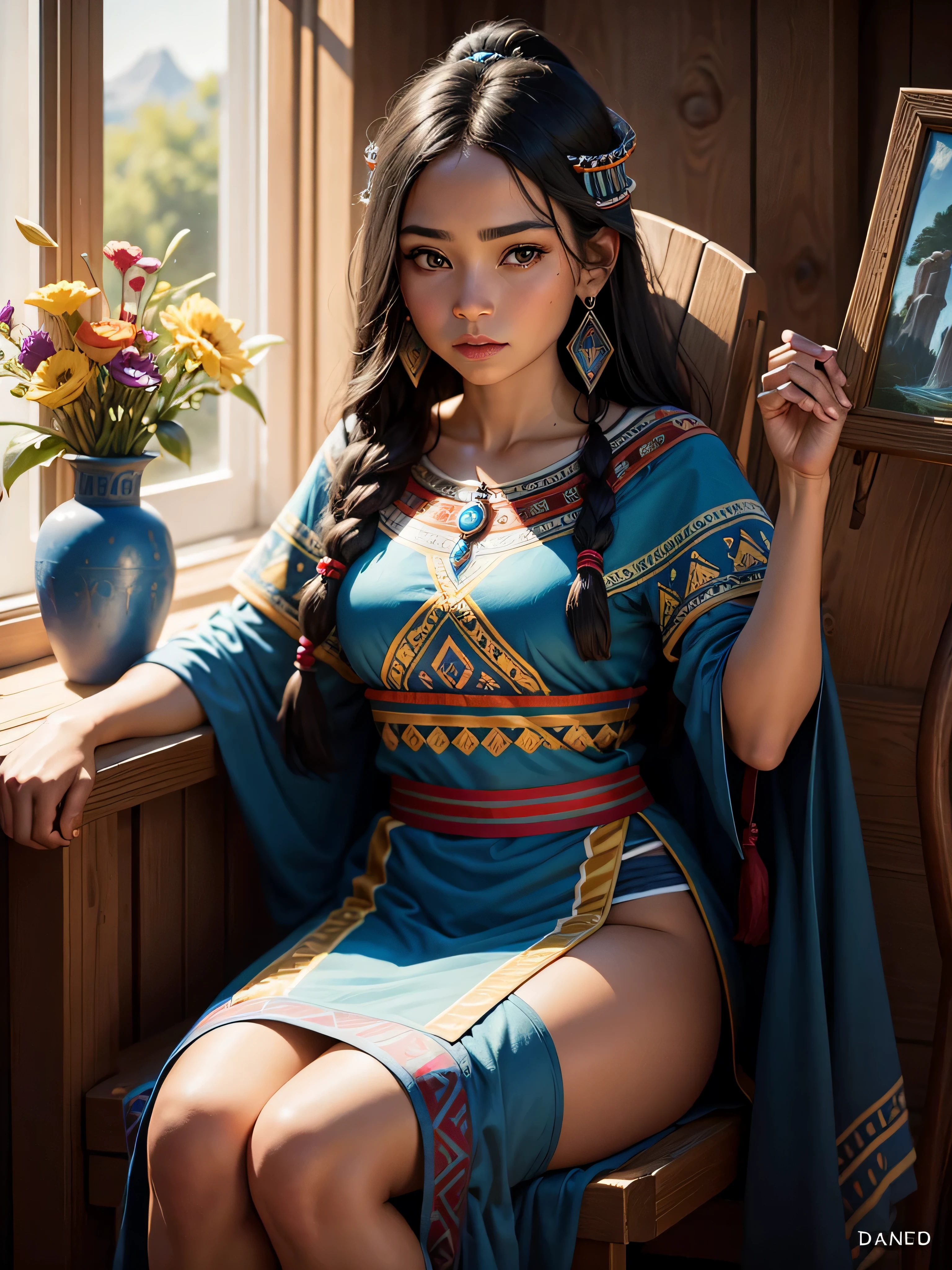 painting of a woman in a blue dress sitting next to a vase, native american art, aztec princess portrait, portrait of a young pocahontas, portrait of pocahontas, by Juan O'Gorman, native art, mayan priestess, native american, beautiful character painting, by David B. Mattingly, by Randy Gallegos, hildebrandt