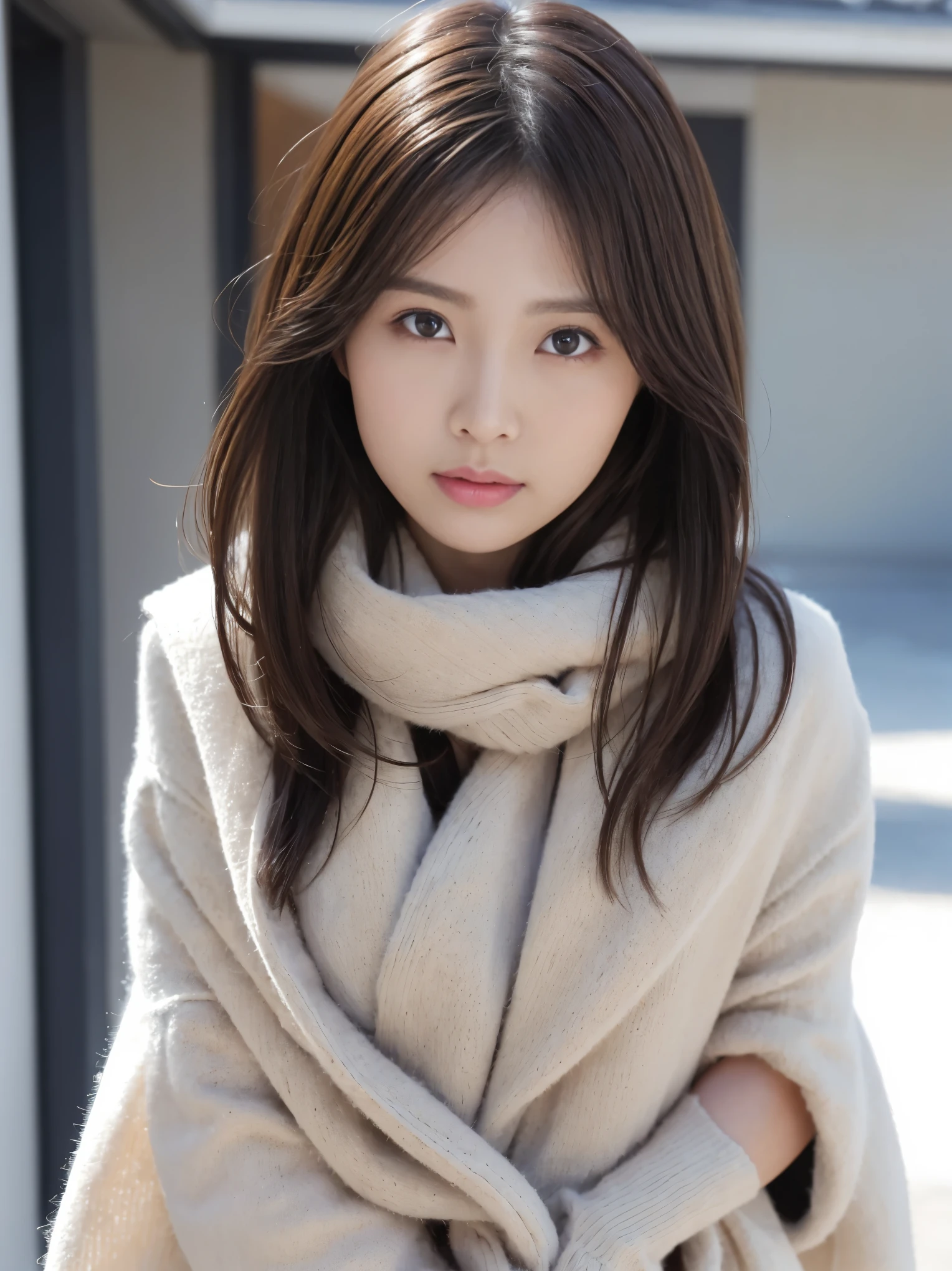 (best image quality、8k、masterpiece：1.3))、Realistic high quality photos、highest quality、pretty girl～well-groomed face、25 year old beautiful Japan woman、Photos of slim models、Big Model、若いjapanese girl、young and cute face、japanese girl、25 year old female model、beautiful model girl、The innocent look of the girl next door、nice delicate face、brown hair、beautiful brown eyes、tear bag、drooling eyes、young body、coat, scarf, gloves, winter