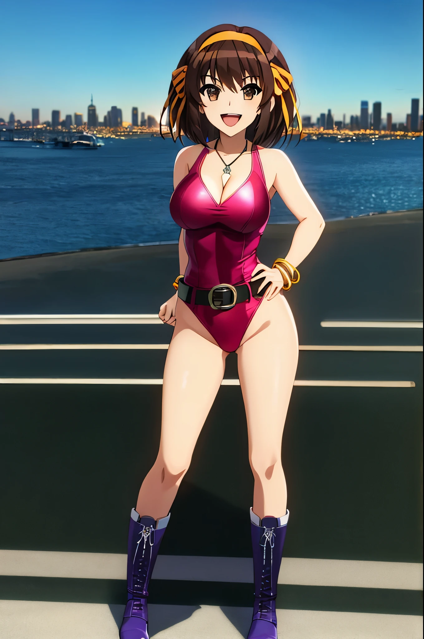 masterpiece, best quality, highres, 1girl, solo, solo focus, superhero, leotard, blue leotard with white accents, bare legs, tight belt, boots, matching boots, blue boots, medium breasts, bracelets, full body shot, cowboy shot, standing, smile, haruhi, looking_at_viewer, smile, short_hair, open_mouth, bangs, brown_hair, ribbon, cleavage, brown_eyes, hair_ribbon, :d, hairband, medium_hair, v-shaped_eyebrows, orange_hairband, city backdrop, sleeveless, hands on hip