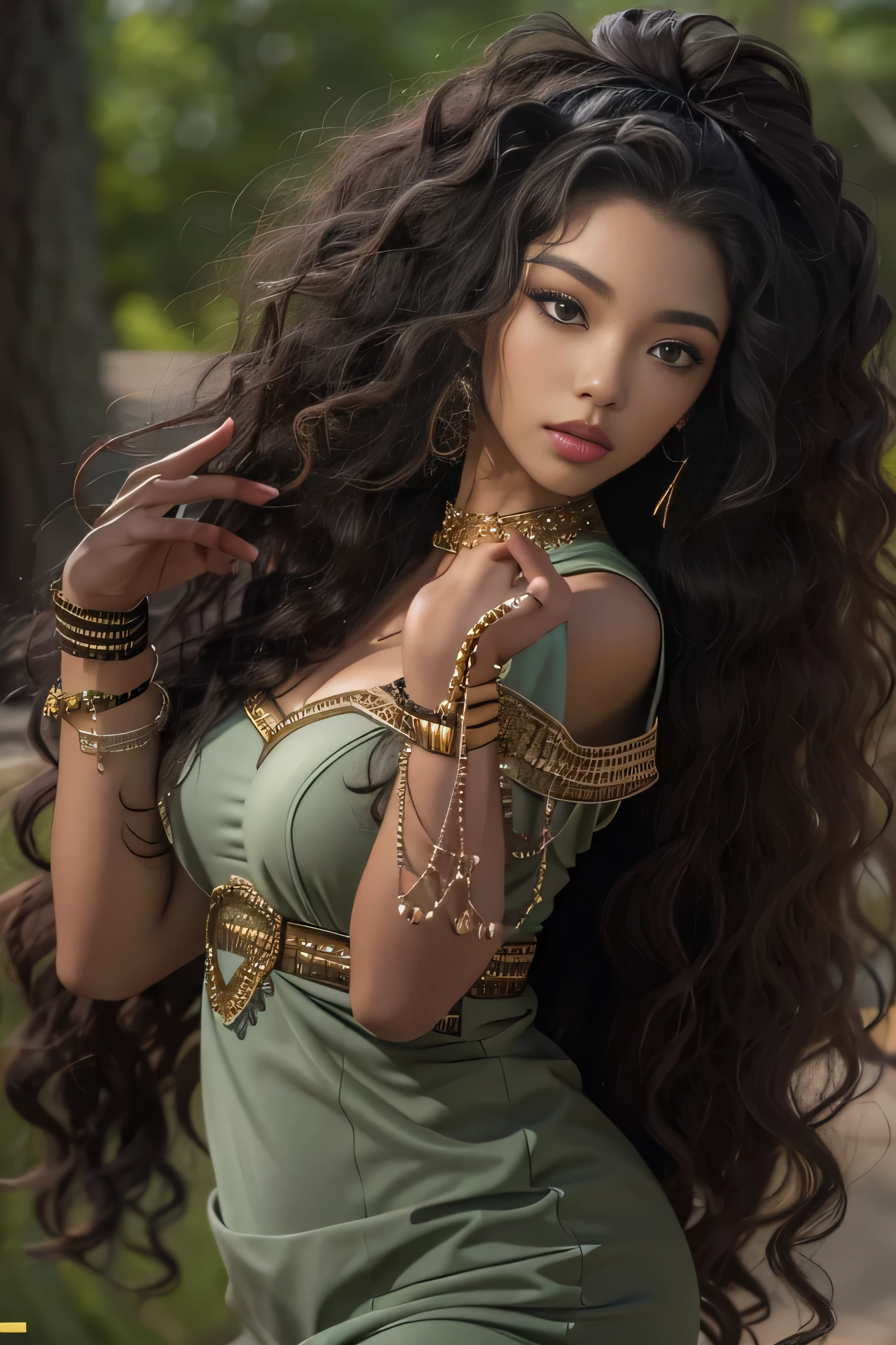 masterpiece, best quality, beautiful African and Asian mixed 19 year old, ebony skin female, long, frizzy, curly dark hair, perfect face, long hair, 