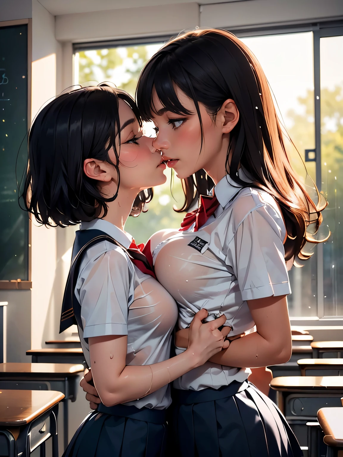 (two girls, (((kissing)), students in school uniform, lesbian couple:1.1), (((squeezing breasts))), tall and thin,beautiful, wet shirts, alpha x alpha,classmates, painting medium,detailed eyes and face,soft lighting,sparkling colors,romantic setting,spring flowers,blushing cheeks,fondly glancing at each other,gentle smiles,loving embrace,colorful background,affectionate gestures,playful expressions,sweet whispers,hand in hand,light-hearted atmosphere,serene environment,happy memories,shy giggles,innocent love,artistic composition,expressive brushstrokes,subtle shadows,joyful energy,delicate details,highres,ultra-detailed,photorealistic:1.37