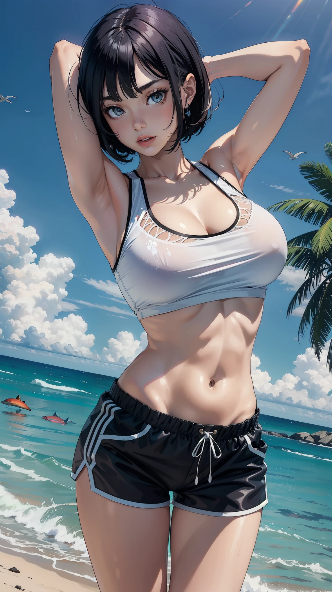 Masterpiece, high quality, 8k, ultra detail, dynamic angle, dynamic poses,(dolphin shorts), (large breast), cleavage,(white top), (bob cut), (armpit poses)